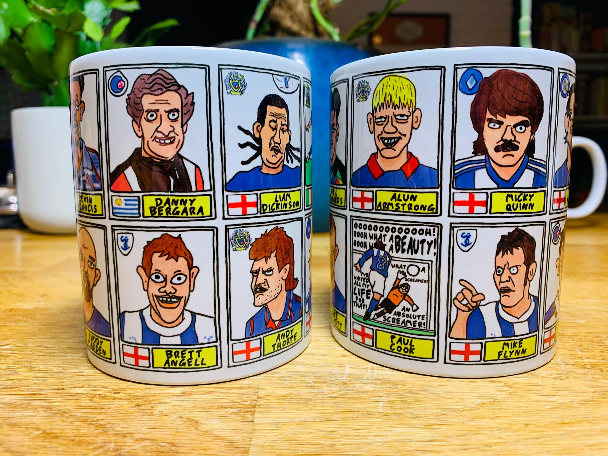 Stockport County No Score Draws Mug Set - Set of TWO 11oz Ceramic Mugs with Wonky Panini sticker-style SCFC Legends No Score Draws Doodles