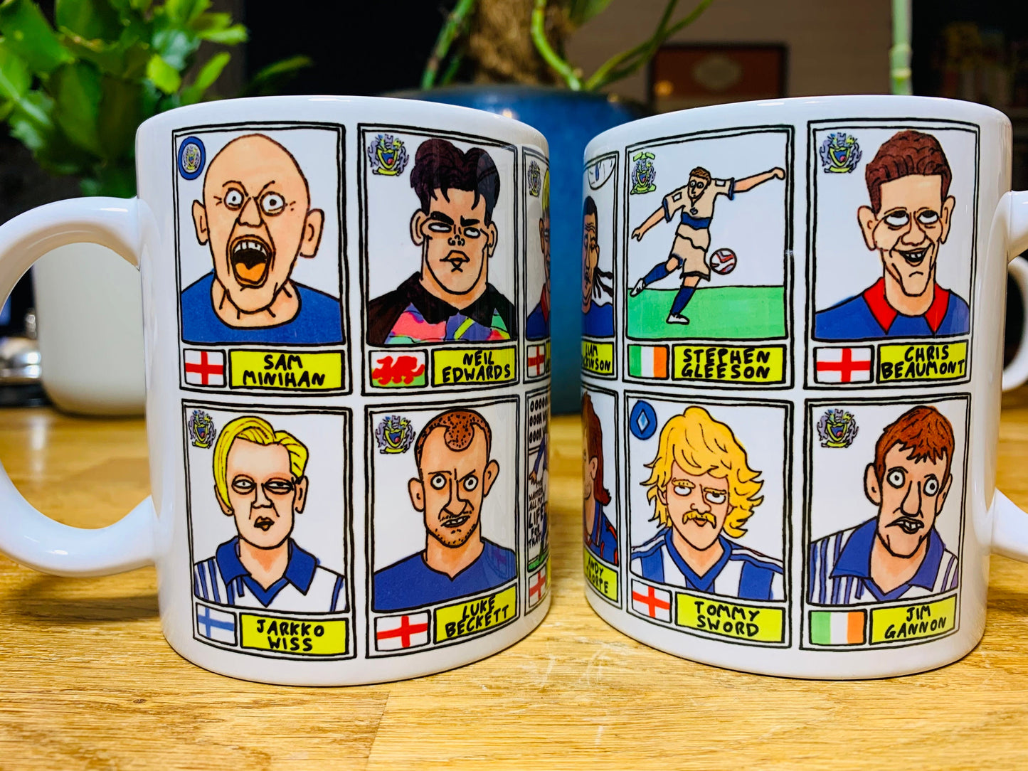 Stockport County No Score Draws Mug Set - Set of TWO 11oz Ceramic Mugs with Wonky Panini sticker-style SCFC Legends No Score Draws Doodles