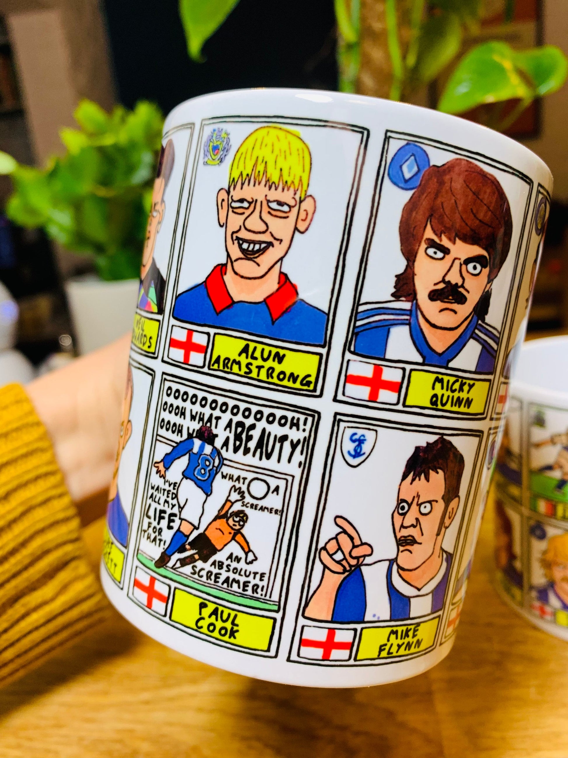 Stockport County No Score Draws Mug Set - Set of TWO 11oz Ceramic Mugs with Wonky Panini sticker-style SCFC Legends No Score Draws Doodles