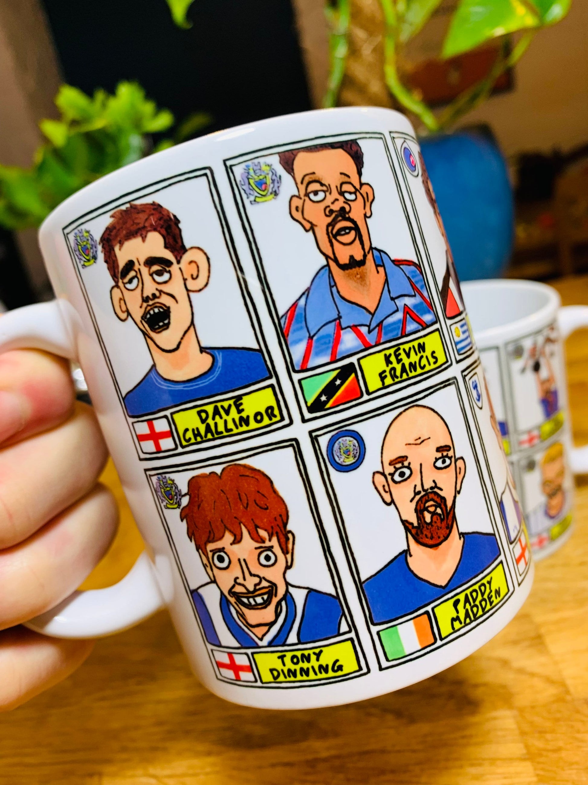 Stockport County No Score Draws Mug Set - Set of TWO 11oz Ceramic Mugs with Wonky Panini sticker-style SCFC Legends No Score Draws Doodles