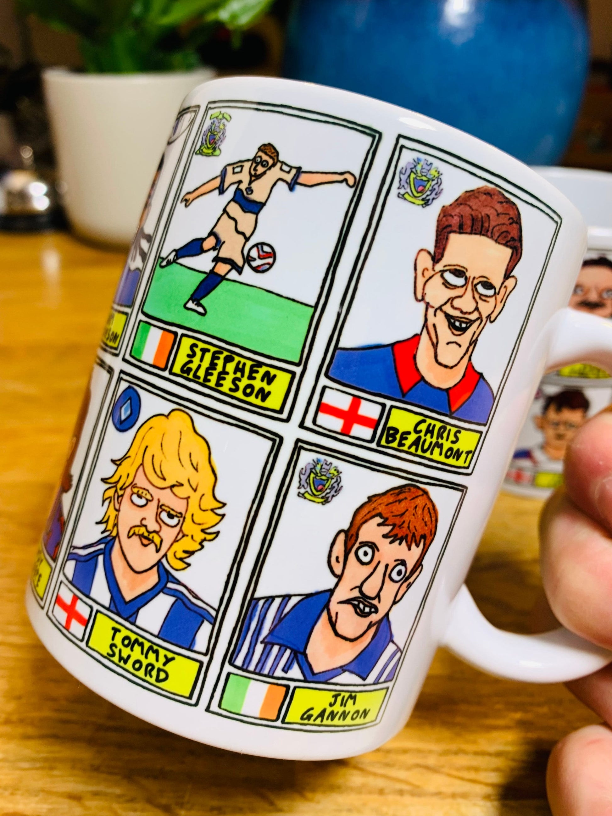 Stockport County No Score Draws Mug Set - Set of TWO 11oz Ceramic Mugs with Wonky Panini sticker-style SCFC Legends No Score Draws Doodles