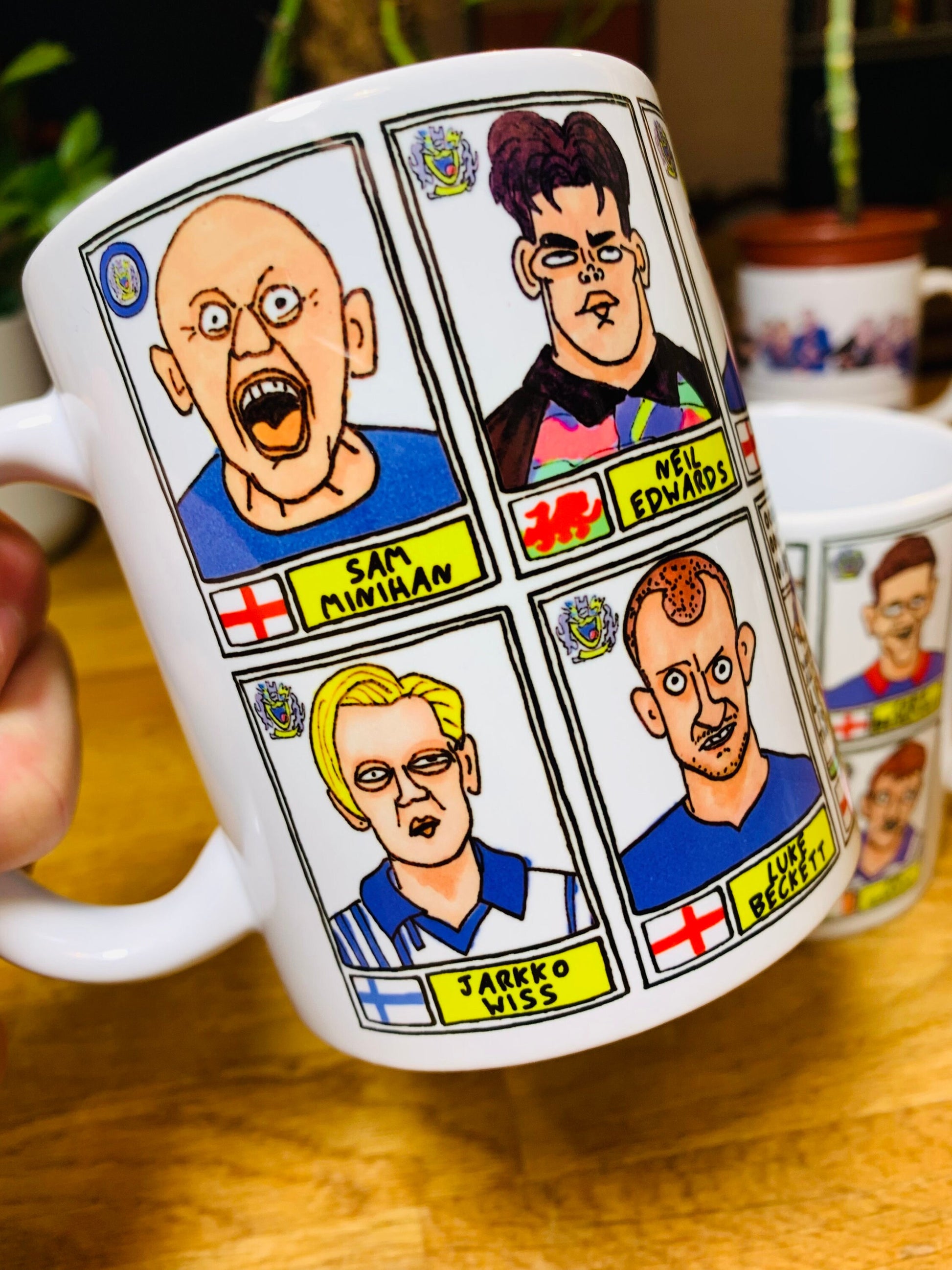 Stockport County No Score Draws Mug Set - Set of TWO 11oz Ceramic Mugs with Wonky Panini sticker-style SCFC Legends No Score Draws Doodles