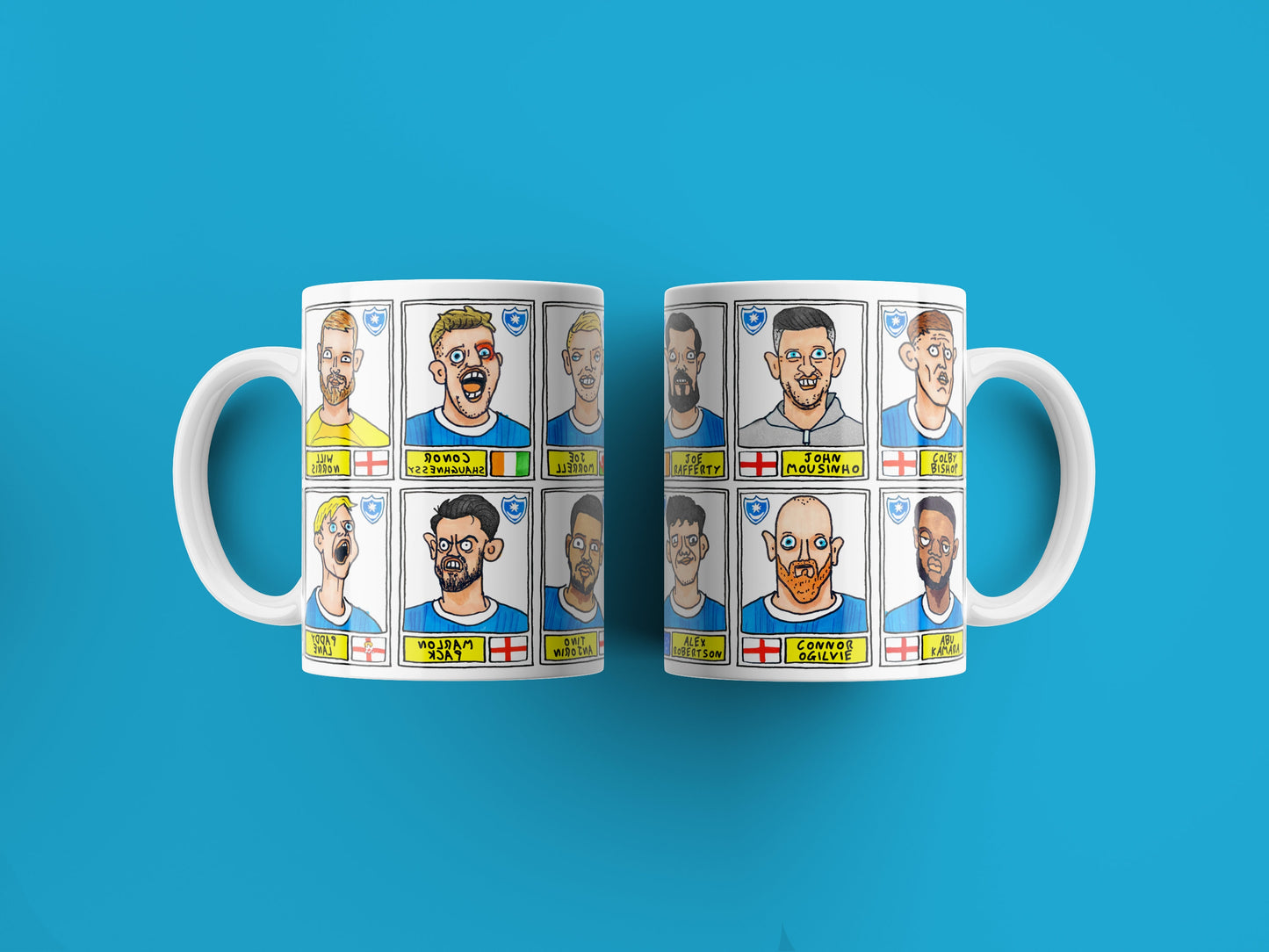 Portsmouth Vol 2 No Score Draws Mug Set - Set of TWO 11oz Ceramic Mugs with Wonky Panini-style Doodles of Pompeys 23/24 League One Winners