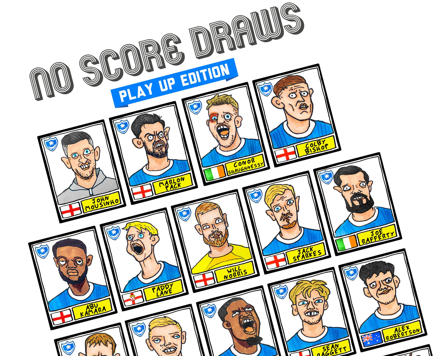 Portsmouth Vol 2 - No Score Draws Play Up Edition - A3 print of 27 hand-drawn Panini-style doodles of Pompey's 23/24 League One Winning Side