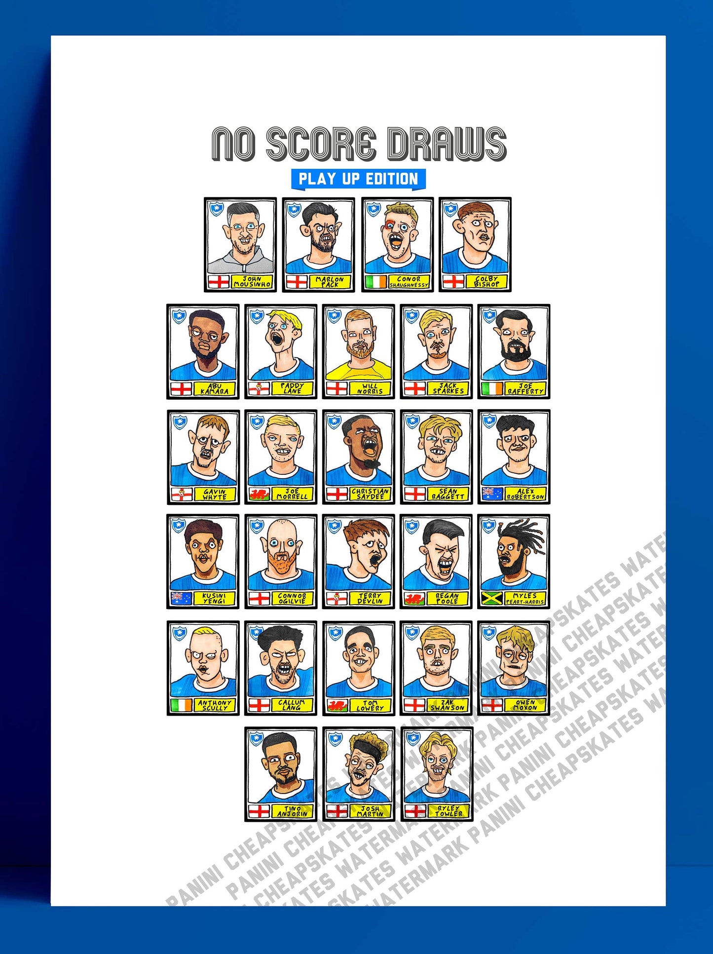 Portsmouth Vol 2 - No Score Draws Play Up Edition - A3 print of 27 hand-drawn Panini-style doodles of Pompey's 23/24 League One Winning Side