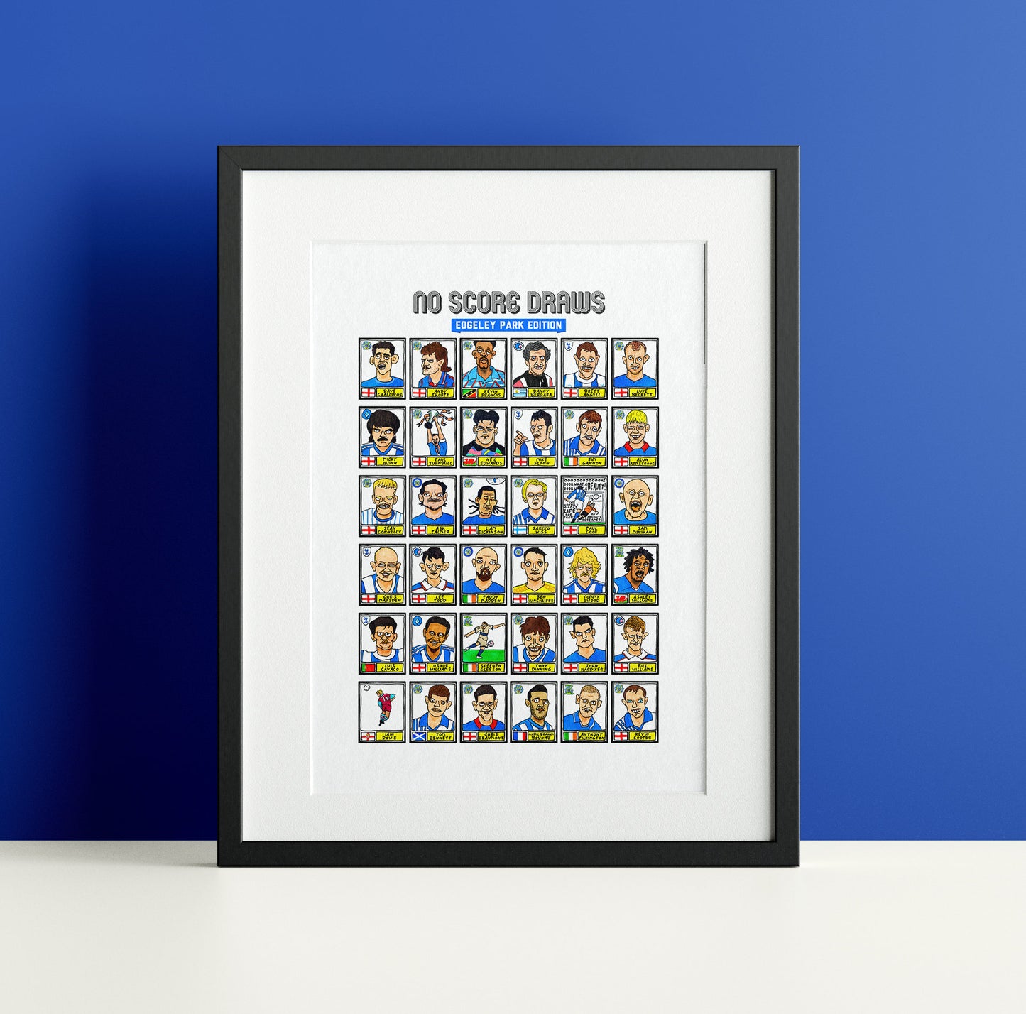 Stockport County - No Score Draws Edgeley Park Edition - A3 print of 36 hand-drawn Panini-style Doodles of SCFC Icons - Wonky football art