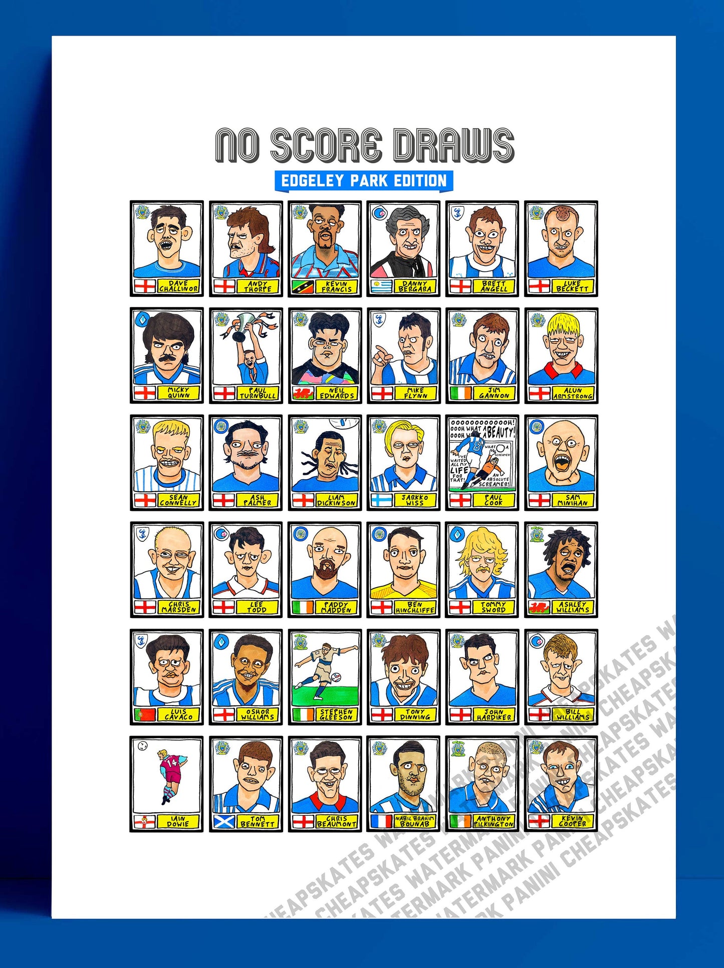 Stockport County - No Score Draws Edgeley Park Edition - A3 print of 36 hand-drawn Panini-style Doodles of SCFC Icons - Wonky football art