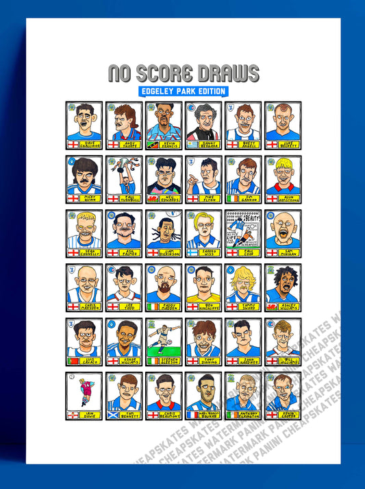 Stockport County - No Score Draws Edgeley Park Edition - A3 print of 36 hand-drawn Panini-style Doodles of SCFC Icons - Wonky football art