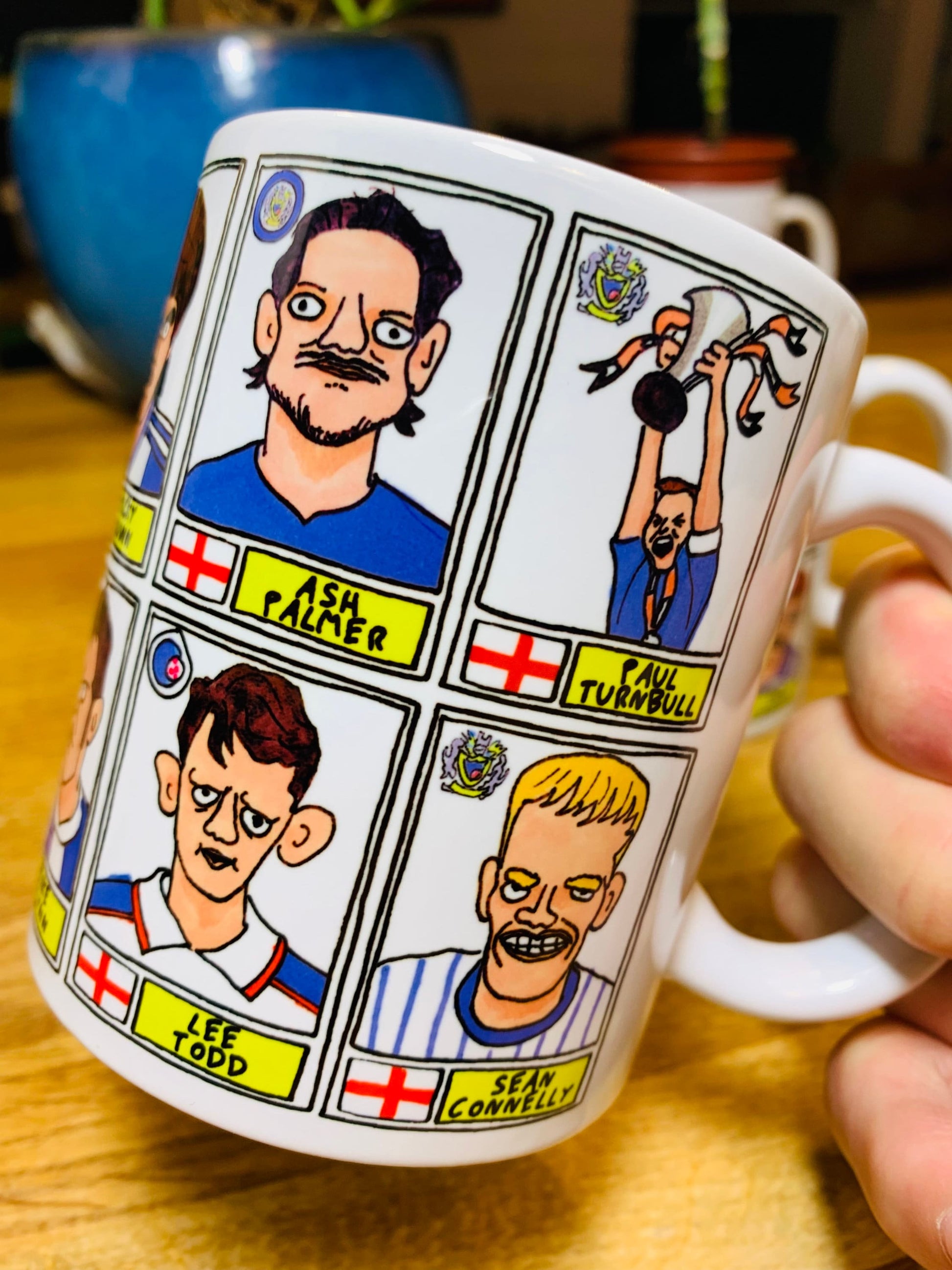 Stockport County No Score Draws Mug Set - Set of TWO 11oz Ceramic Mugs with Wonky Panini sticker-style SCFC Legends No Score Draws Doodles