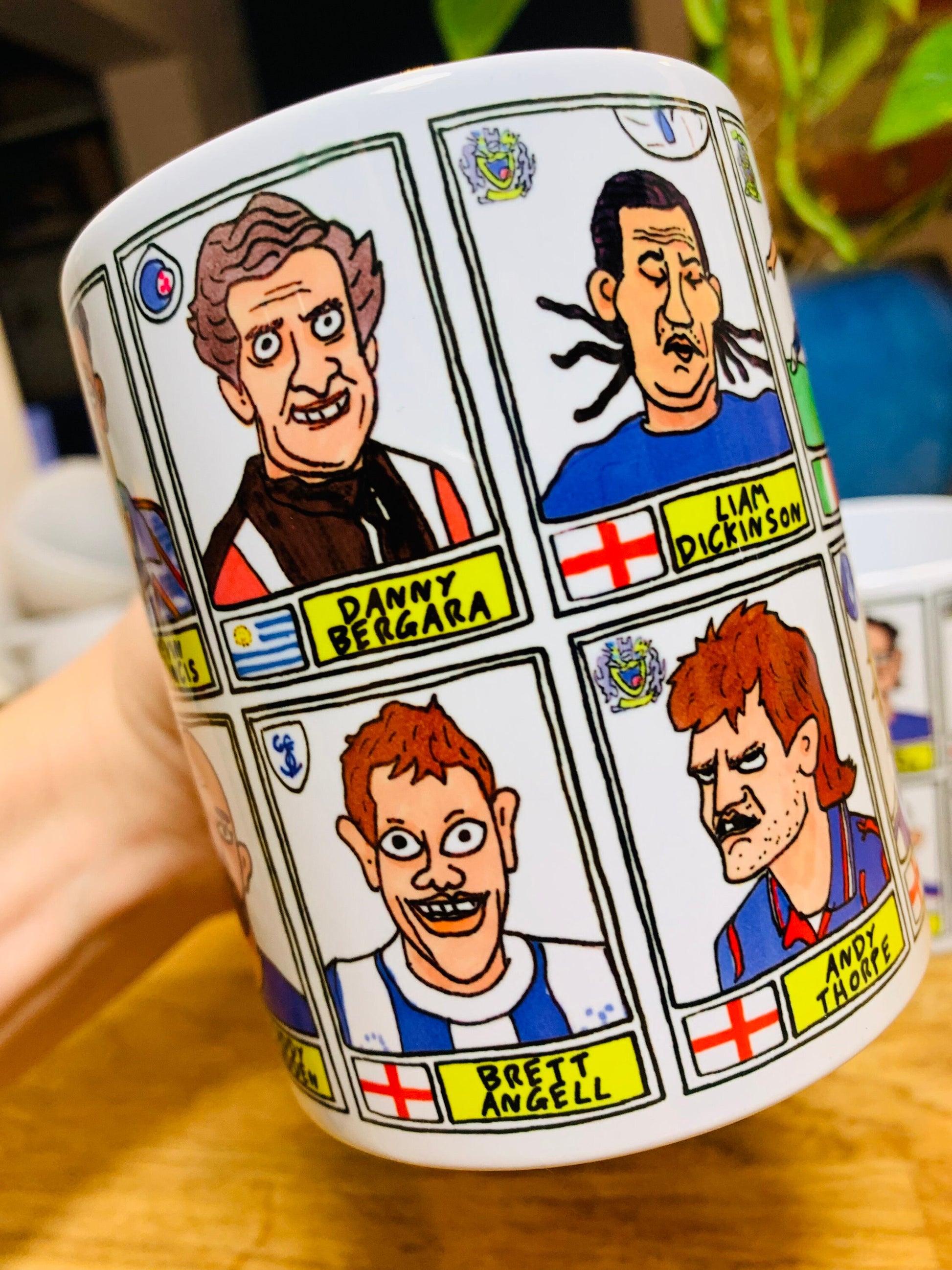 Stockport County No Score Draws Mug Set - Set of TWO 11oz Ceramic Mugs with Wonky Panini sticker-style SCFC Legends No Score Draws Doodles