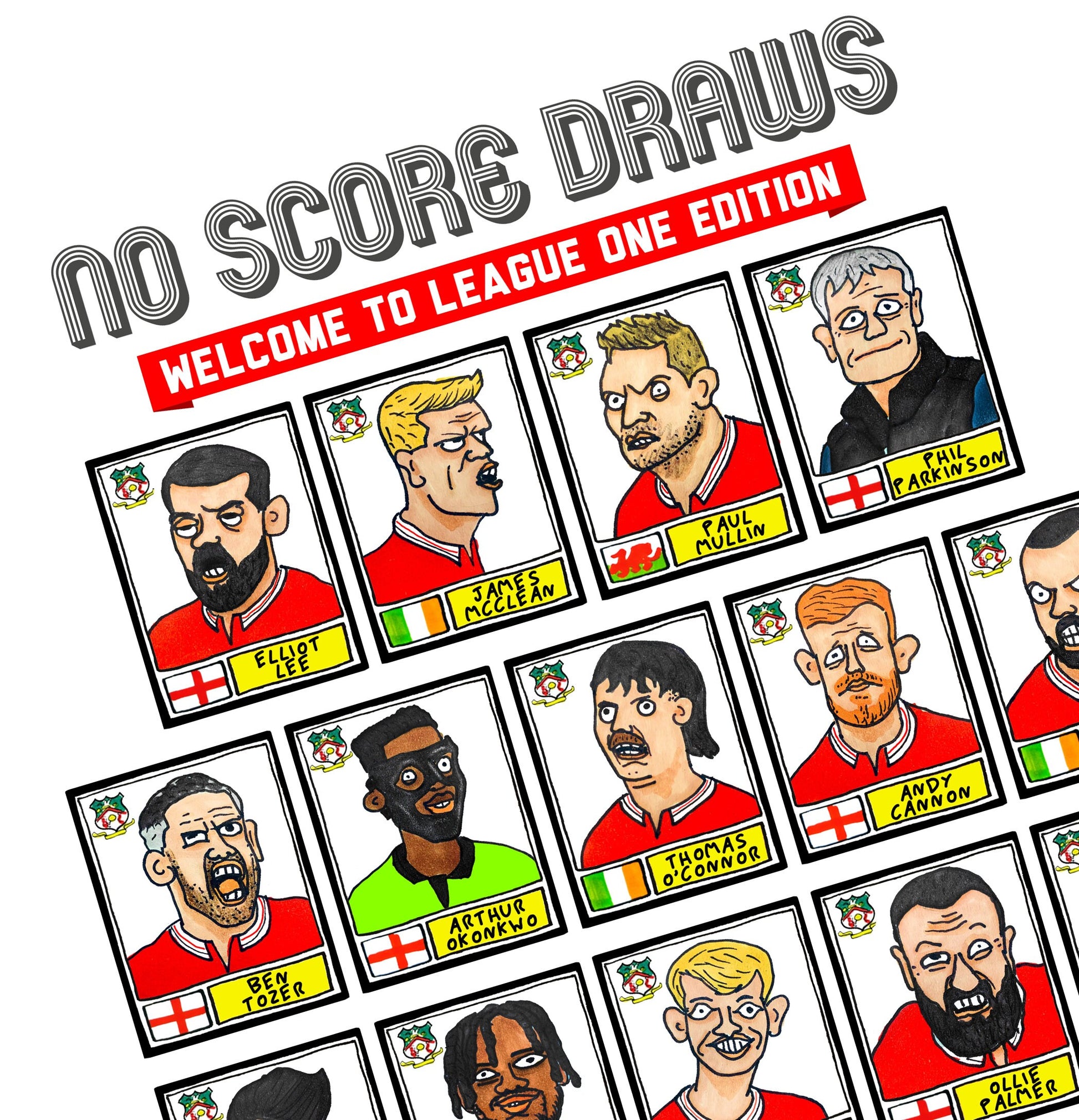 Wrexham Vol 3 - No Score Draws Welcome To League One Edition - A3 print of 28 hand-drawn Panini-Doodles of Wrexham's 23/24 Promotion Winners