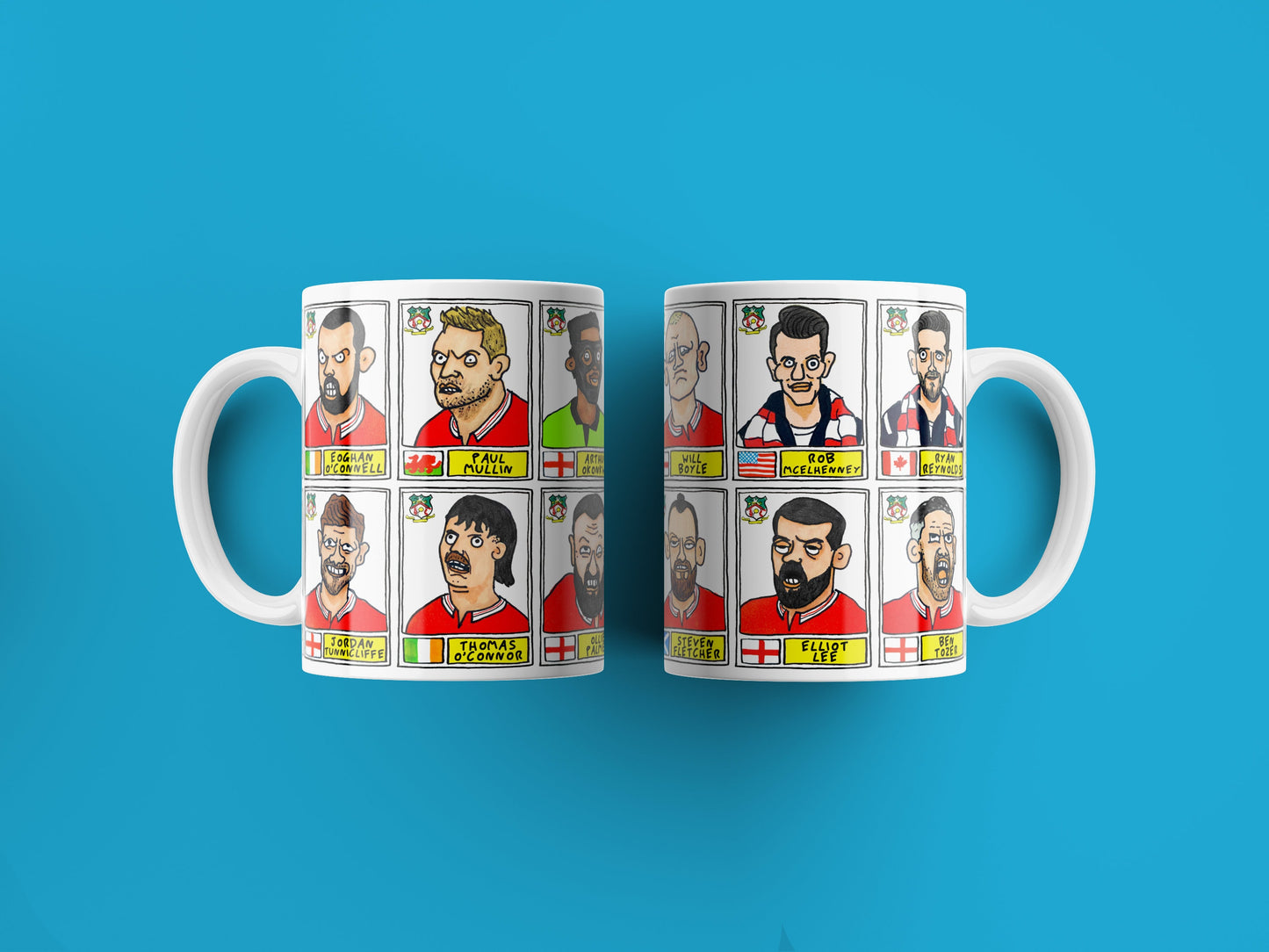 Wrexham Vol 3 No Score Draws Mug Set - Set of TWO 11oz Ceramic Mugs with Wonky Panini-style Doodles of Wrexham's 23/24 Promotion Winners