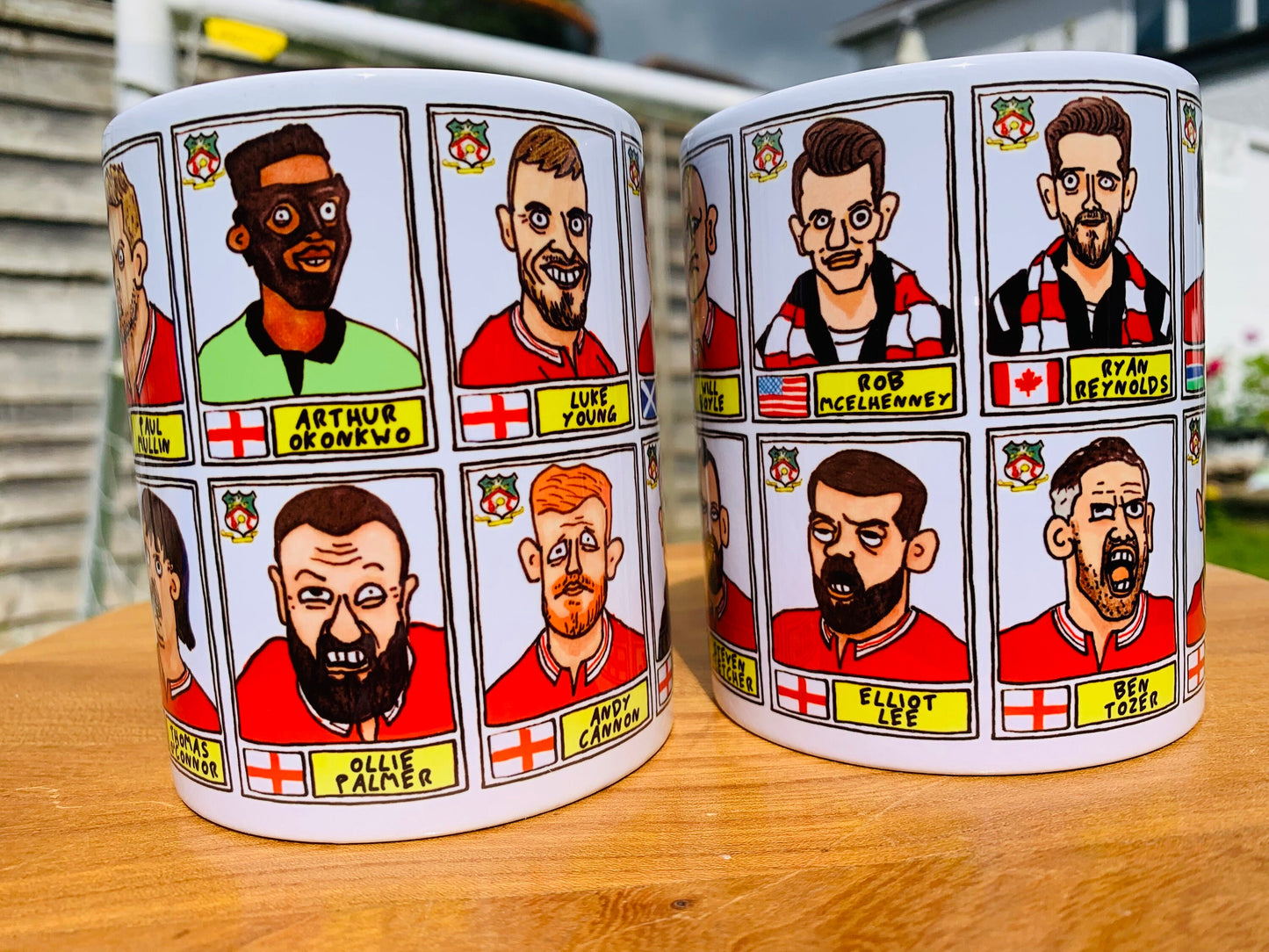 Wrexham Vol 3 No Score Draws Mug Set - Set of TWO 11oz Ceramic Mugs with Wonky Panini-style Doodles of Wrexham's 23/24 Promotion Winners