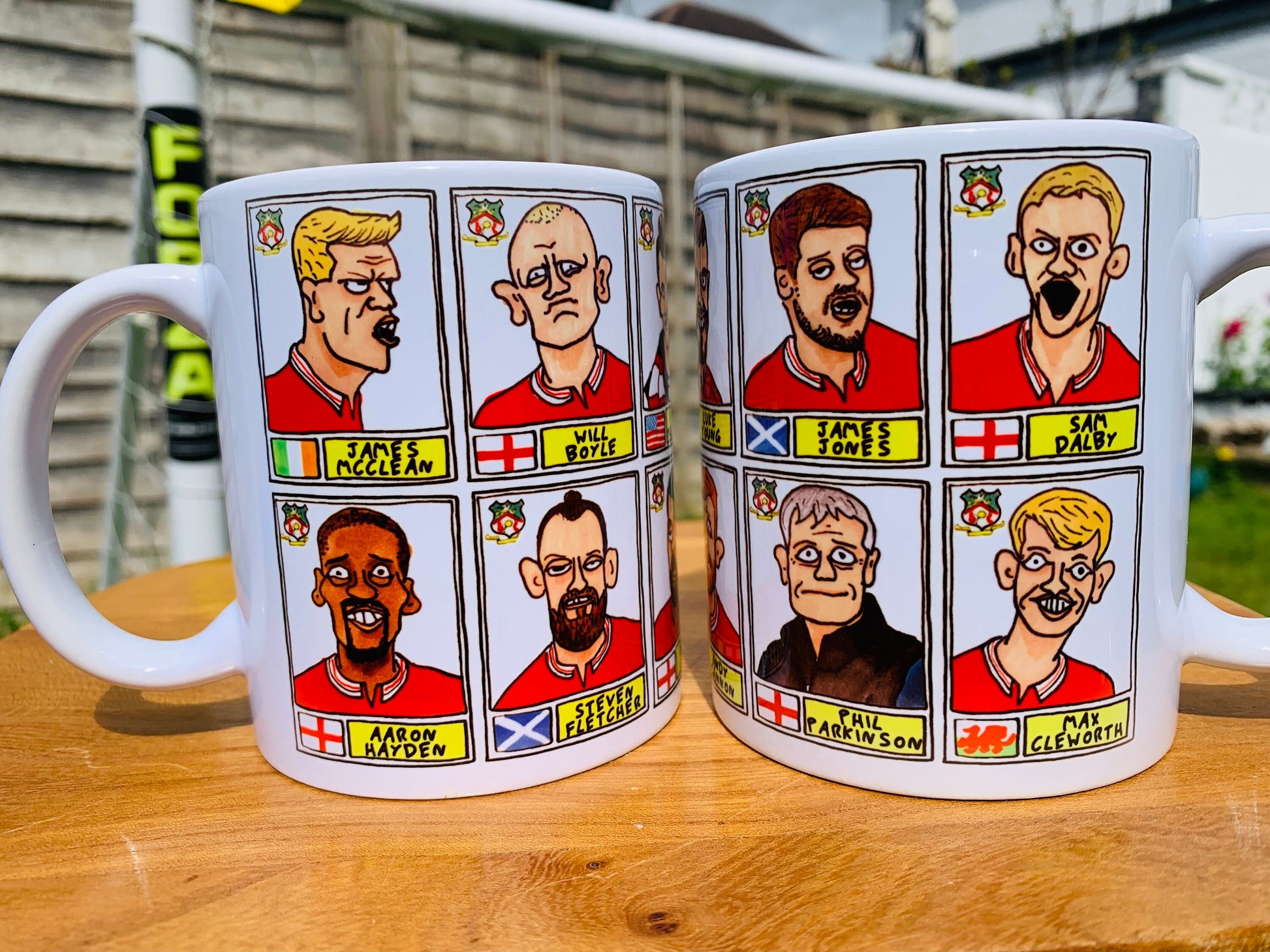 Wrexham Vol 3 No Score Draws Mug Set - Set of TWO 11oz Ceramic Mugs with Wonky Panini-style Doodles of Wrexham's 23/24 Promotion Winners