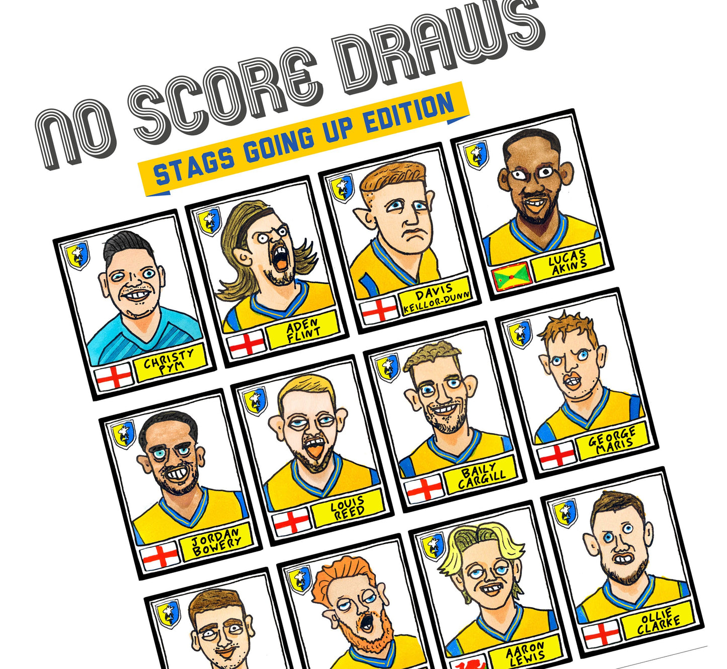 Mansfield Town - No Score Draws Stags Going Up Edition - A3 print of 24 hand-drawn Panini-style Doodles of MTFC's 23/24 Promotion Winners