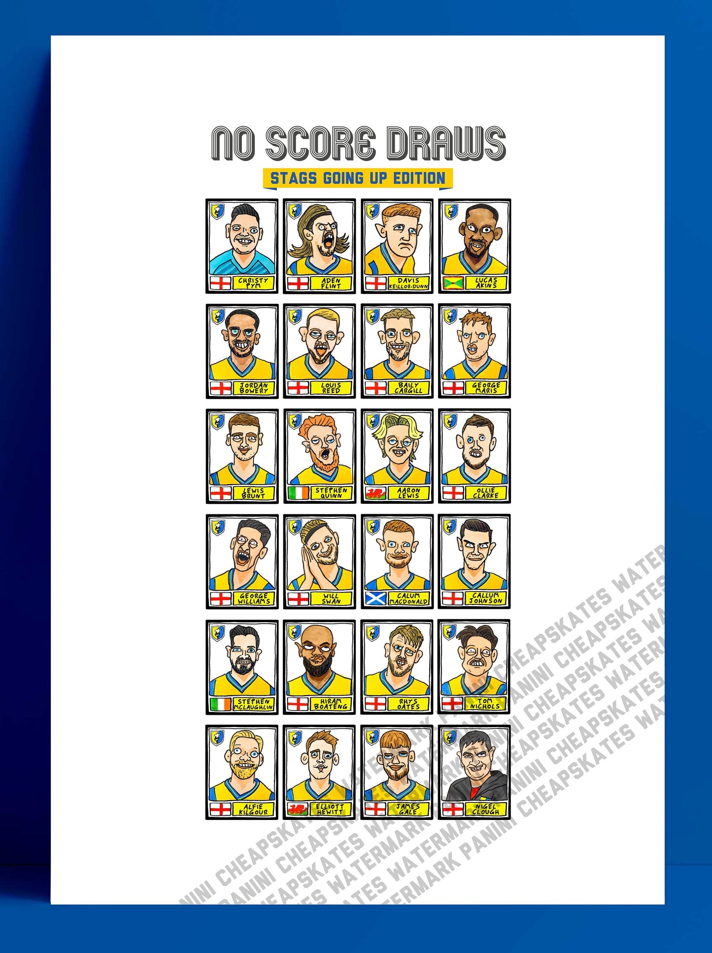 Mansfield Town - No Score Draws Stags Going Up Edition - A3 print of 24 hand-drawn Panini-style Doodles of MTFC's 23/24 Promotion Winners