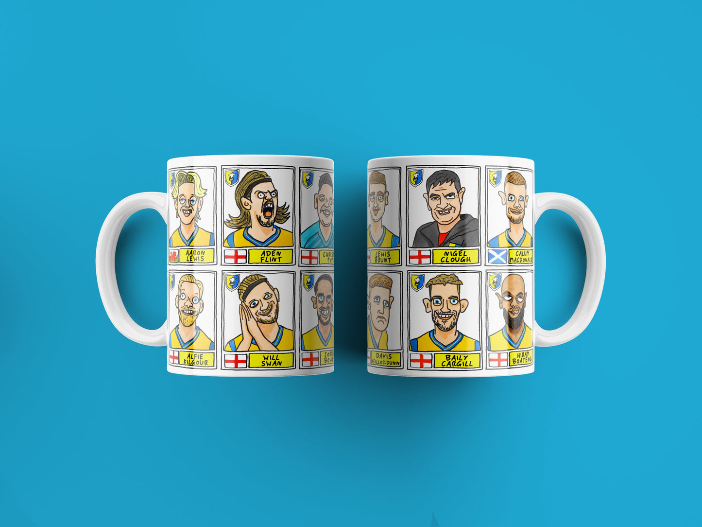 Mansfield Town No Score Draws Mug Set - Set of TWO DIFFERENT 11oz Ceramic Mugs with 24 Wonky Doodles of MTFC's 23/24 Promotion Winners