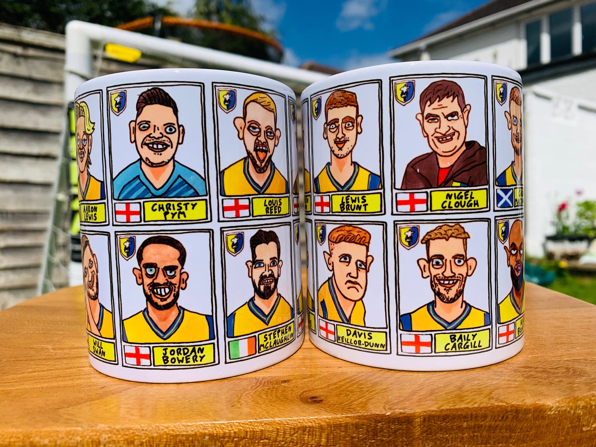 Mansfield Town No Score Draws Mug Set - Set of TWO DIFFERENT 11oz Ceramic Mugs with 24 Wonky Doodles of MTFC's 23/24 Promotion Winners