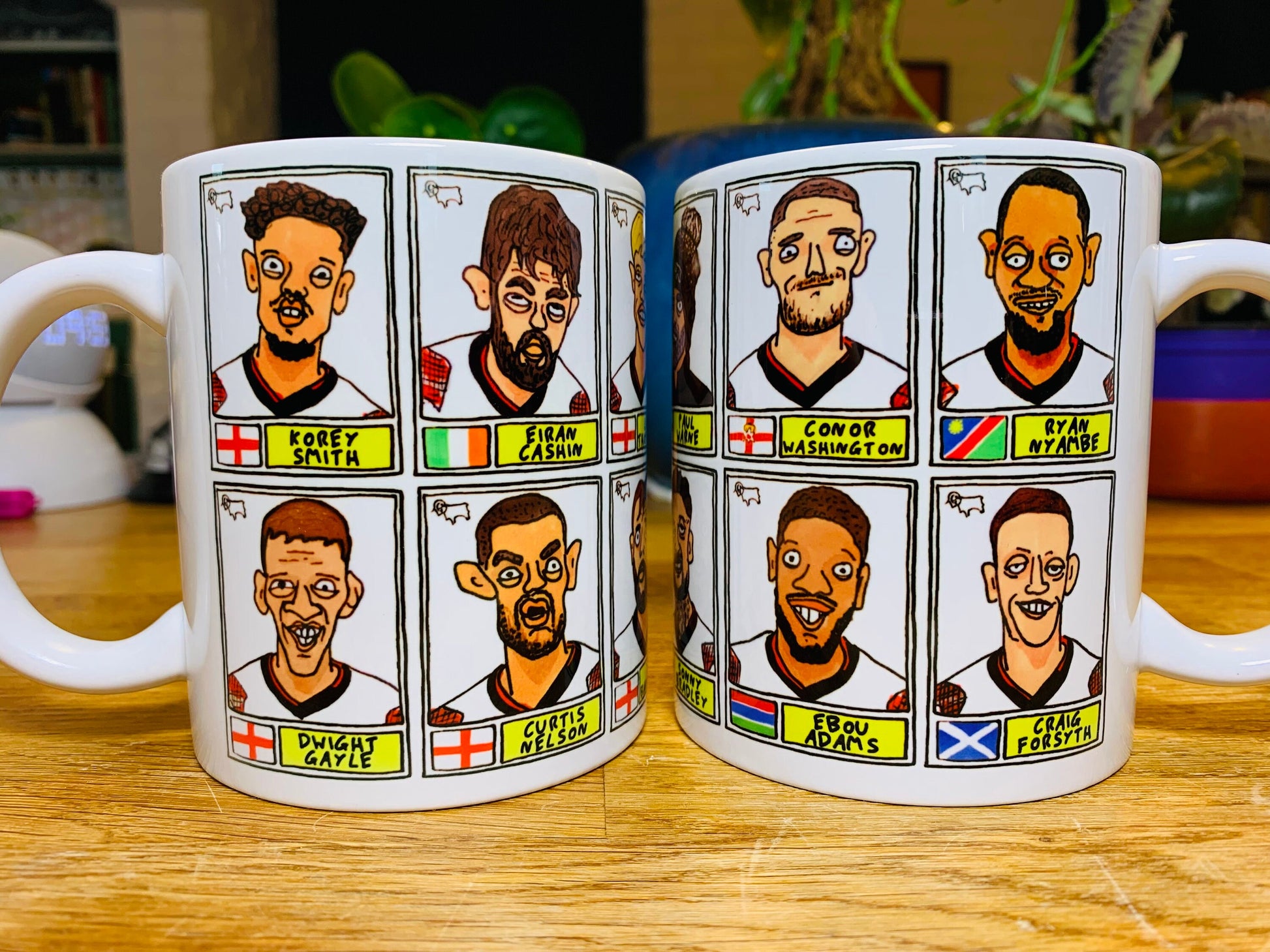 Derby County Vol 3 No Score Draws Mug Set - Set of TWO DIFFERENT 11oz Mugs with Wonky Panini-Doodles of DCFC's's 23/24 Promotion Winners