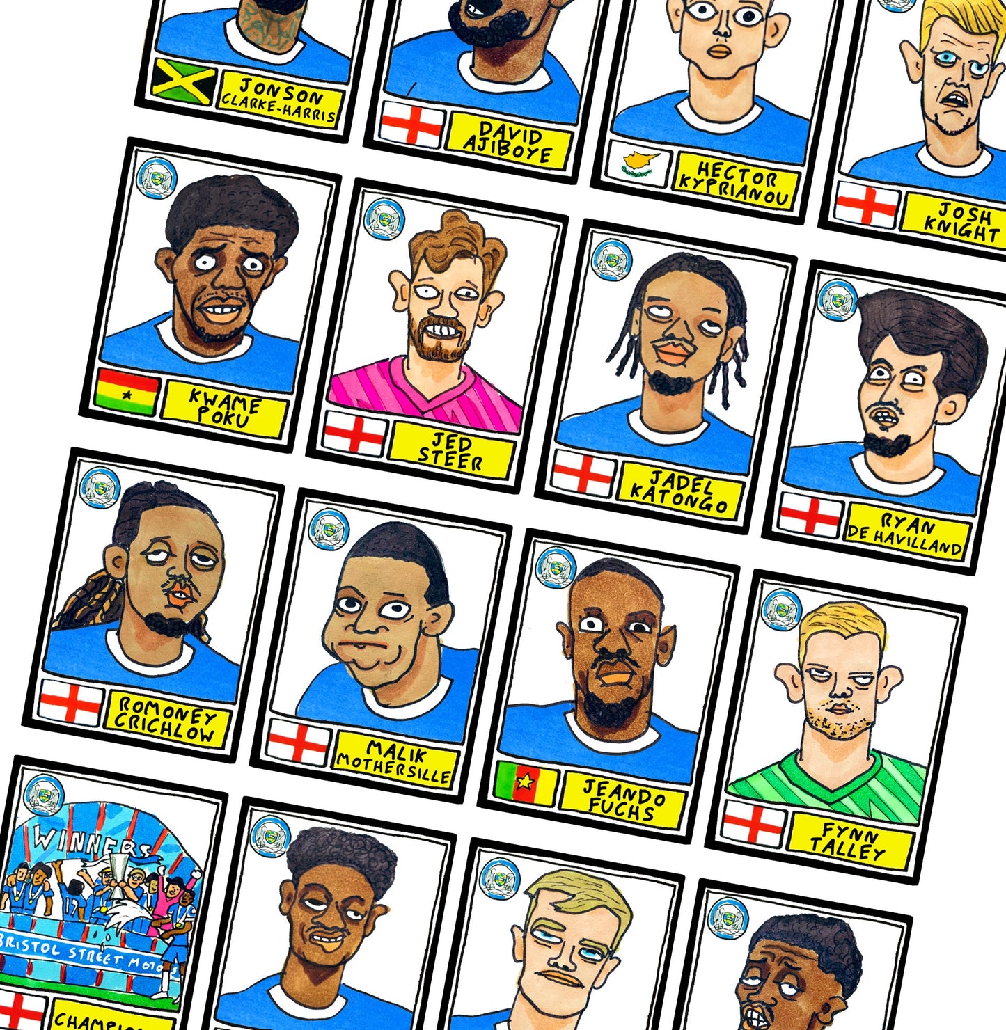 Peterborough Utd Volume 3 - No Score Draws Posh At Wembley Edition - A3 print of 24 wonky Panini-Doodles of PUFC's 23-24 EFL Trophy-Winners