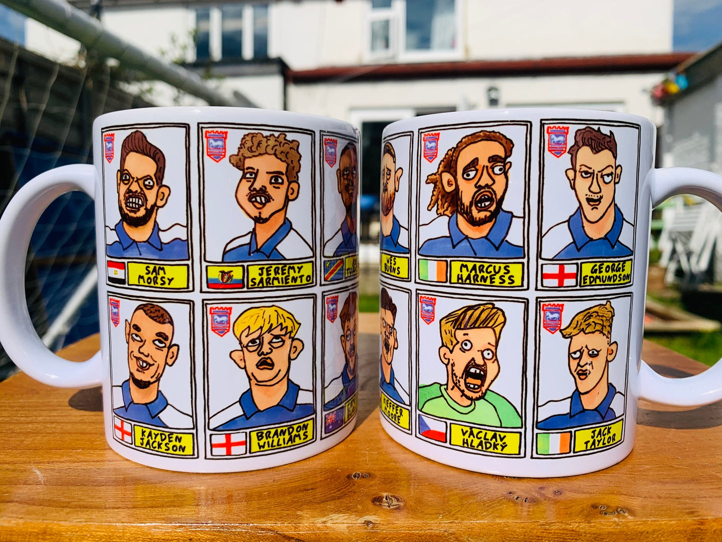 Ipswich Town Vol 3 No Score Draws Mug Set - Set of TWO DIFFERENT 11oz Ceramic Mugs with 24 Wonky Panini-style Doodles of ITFC's 23-24 Team