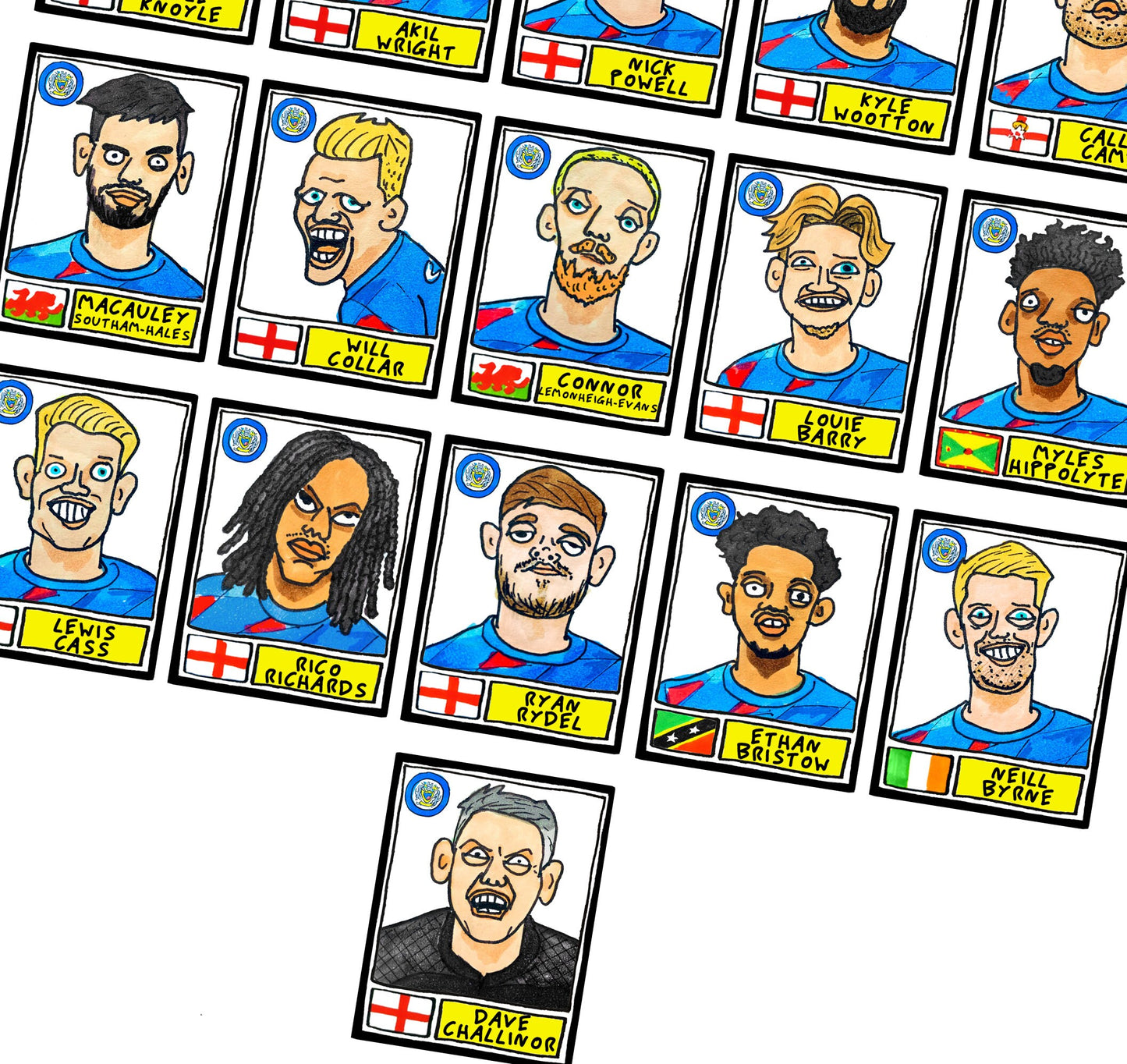 Stockport County Vol 2 - No Score Draws Challinor Edition - A3 print of 25 hand-drawn Panini-style Doodles of SCFC's 23-24 Promotion-Winners