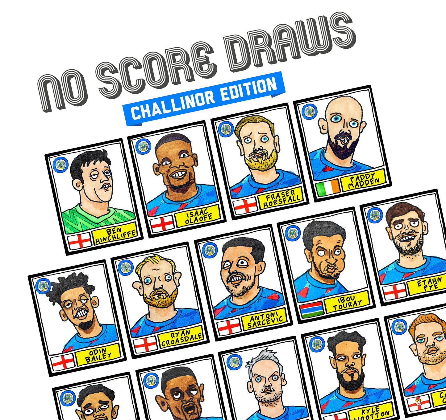 Stockport County Vol 2 - No Score Draws Challinor Edition - A3 print of 25 hand-drawn Panini-style Doodles of SCFC's 23-24 Promotion-Winners