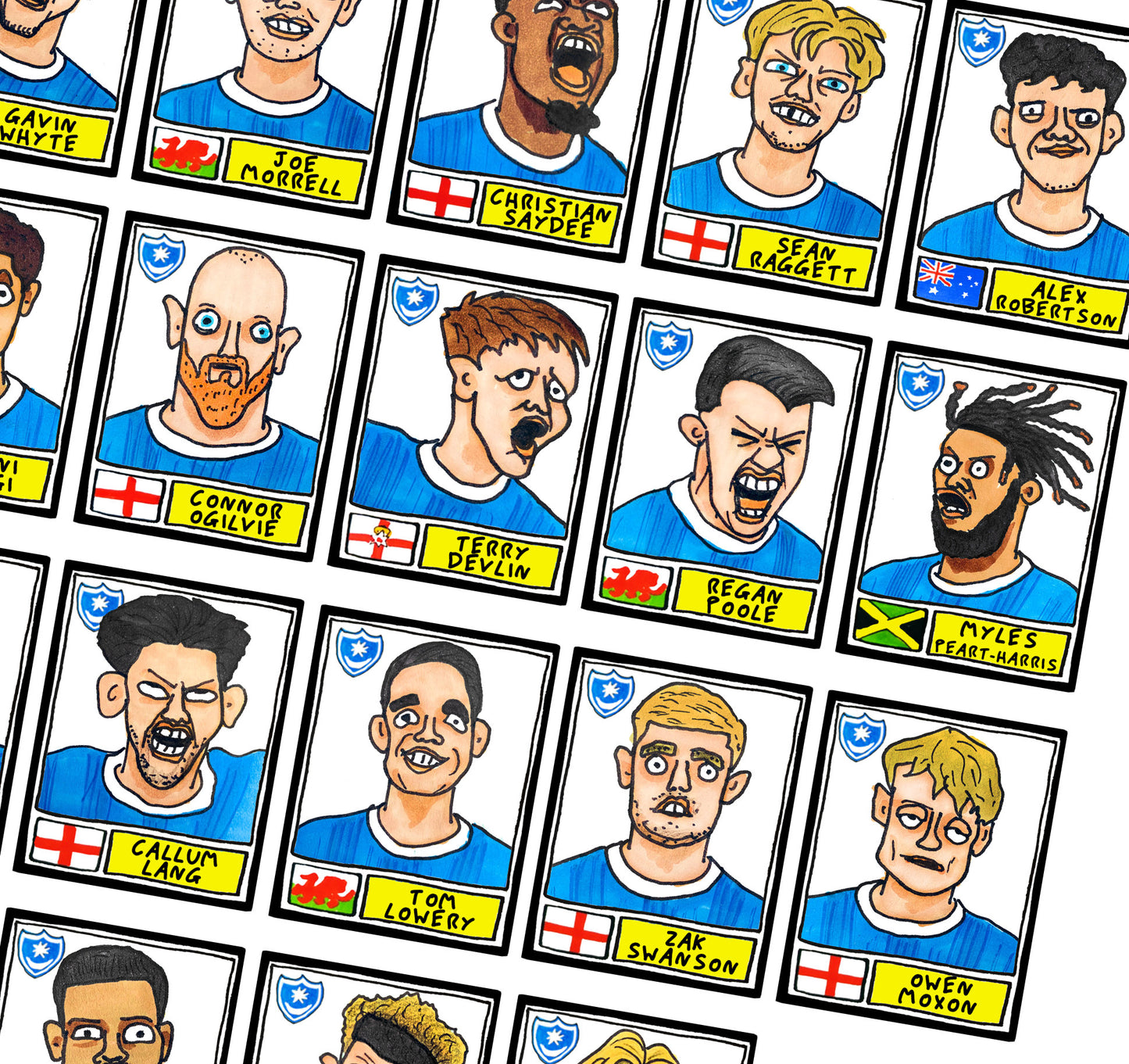 Portsmouth Vol 2 - No Score Draws Play Up Edition - A3 print of 27 hand-drawn Panini-style doodles of Pompey's 23/24 League One Winning Side