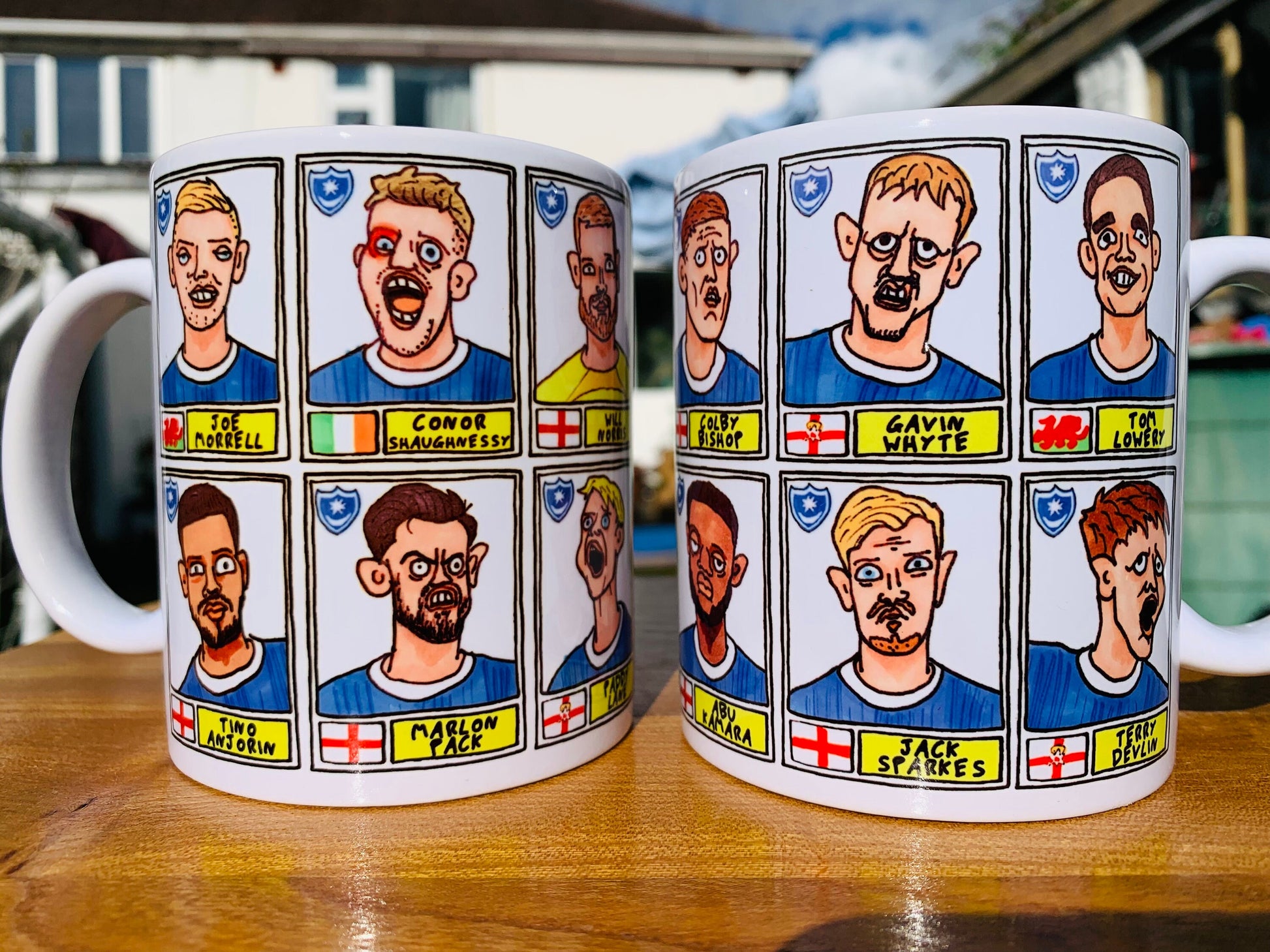 Portsmouth Vol 2 No Score Draws Mug Set - Set of TWO 11oz Ceramic Mugs with Wonky Panini-style Doodles of Pompeys 23/24 League One Winners