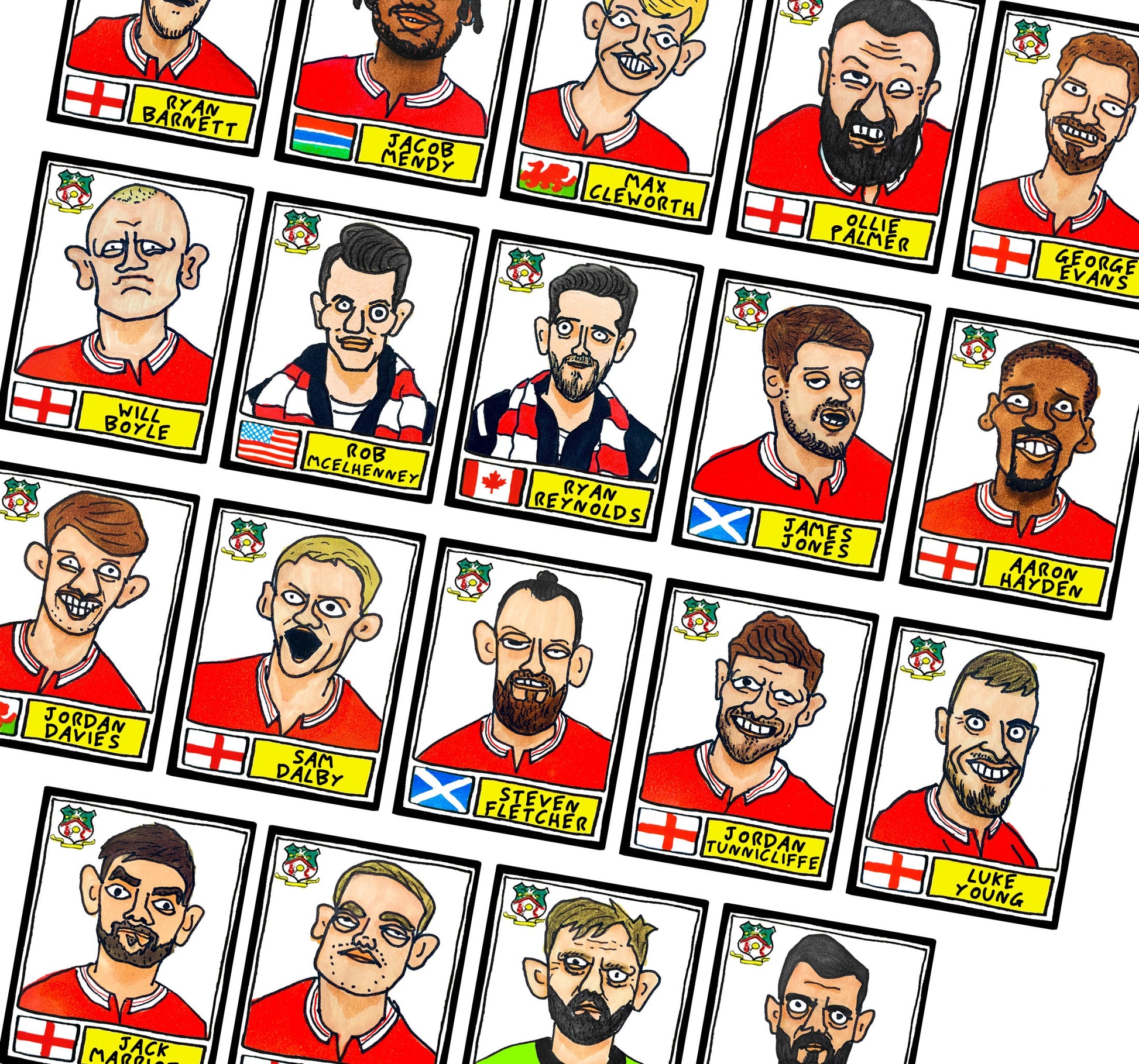 Wrexham Vol 3 - No Score Draws Welcome To League One Edition - A3 print of 28 hand-drawn Panini-Doodles of Wrexham's 23/24 Promotion Winners