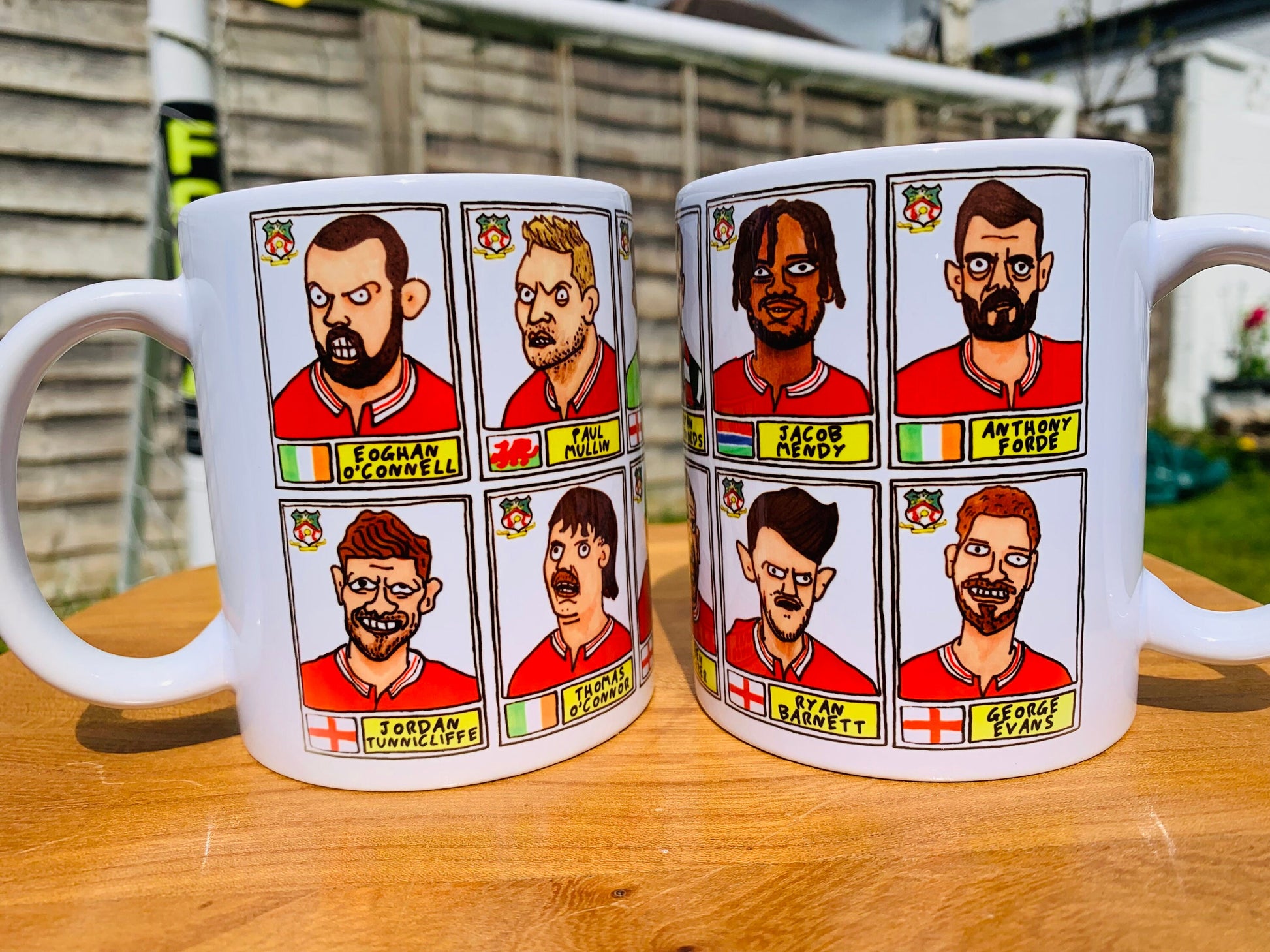 Wrexham Vol 3 No Score Draws Mug Set - Set of TWO 11oz Ceramic Mugs with Wonky Panini-style Doodles of Wrexham's 23/24 Promotion Winners