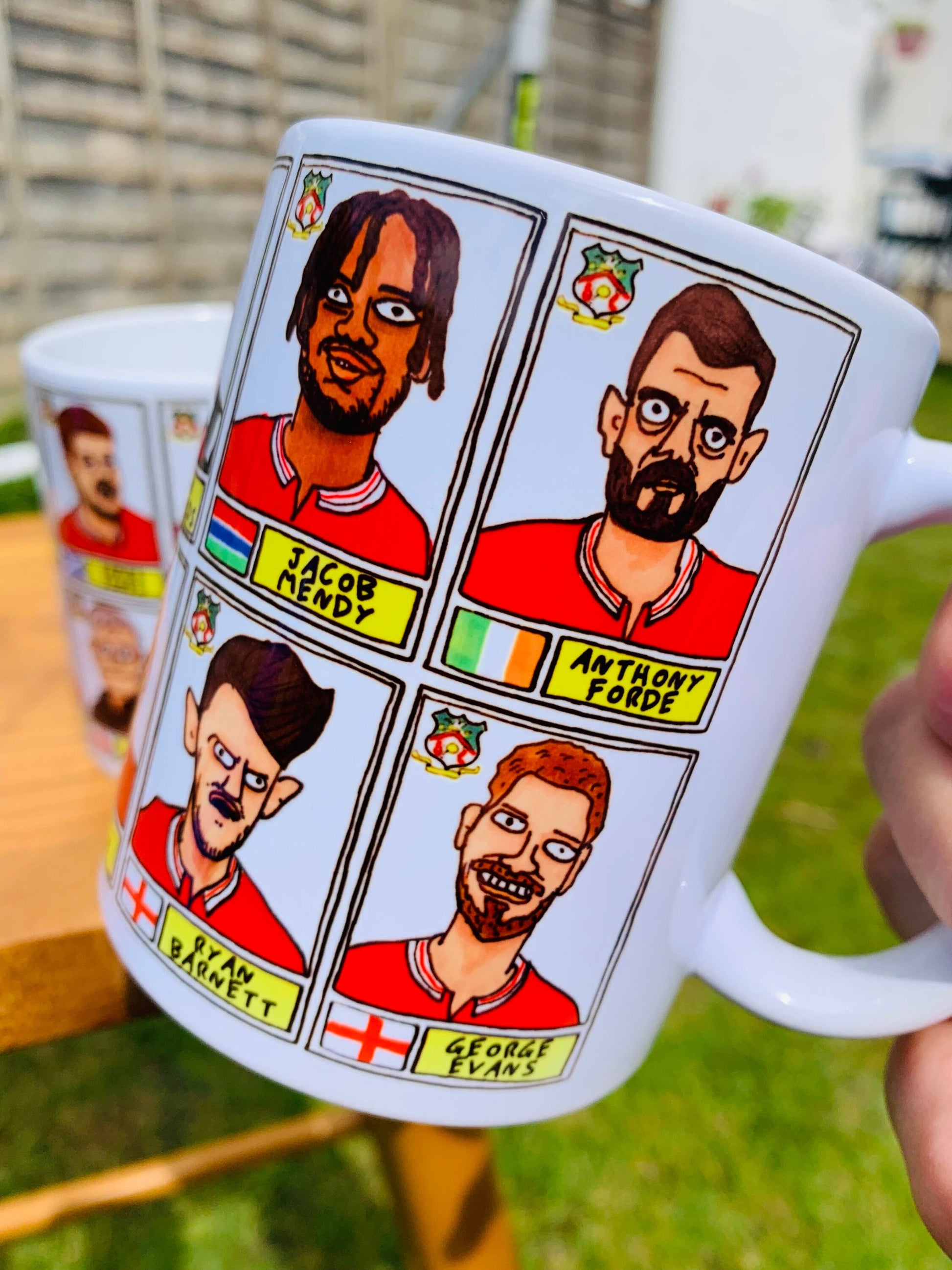 Wrexham Vol 3 No Score Draws Mug Set - Set of TWO 11oz Ceramic Mugs with Wonky Panini-style Doodles of Wrexham's 23/24 Promotion Winners