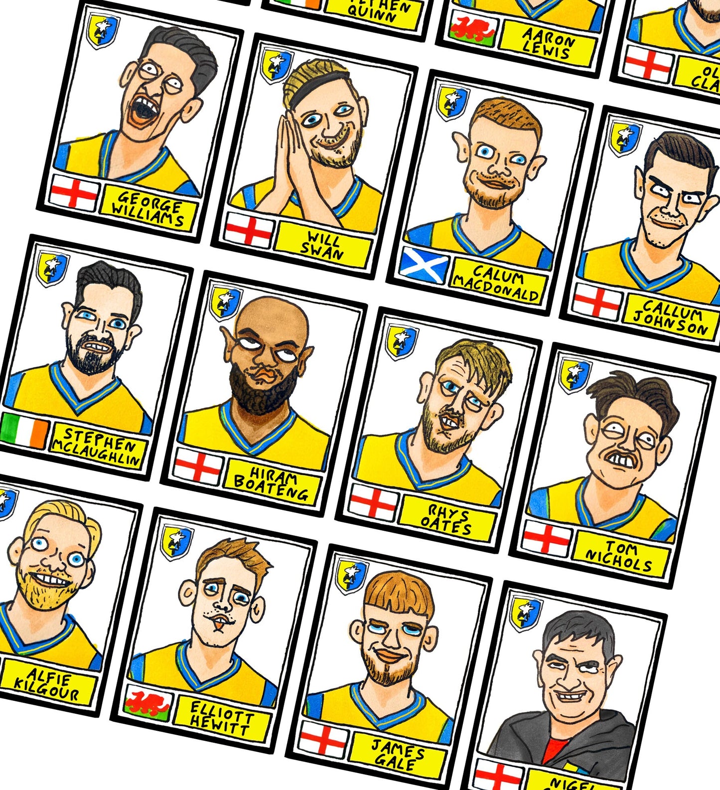 Mansfield Town - No Score Draws Stags Going Up Edition - A3 print of 24 hand-drawn Panini-style Doodles of MTFC's 23/24 Promotion Winners