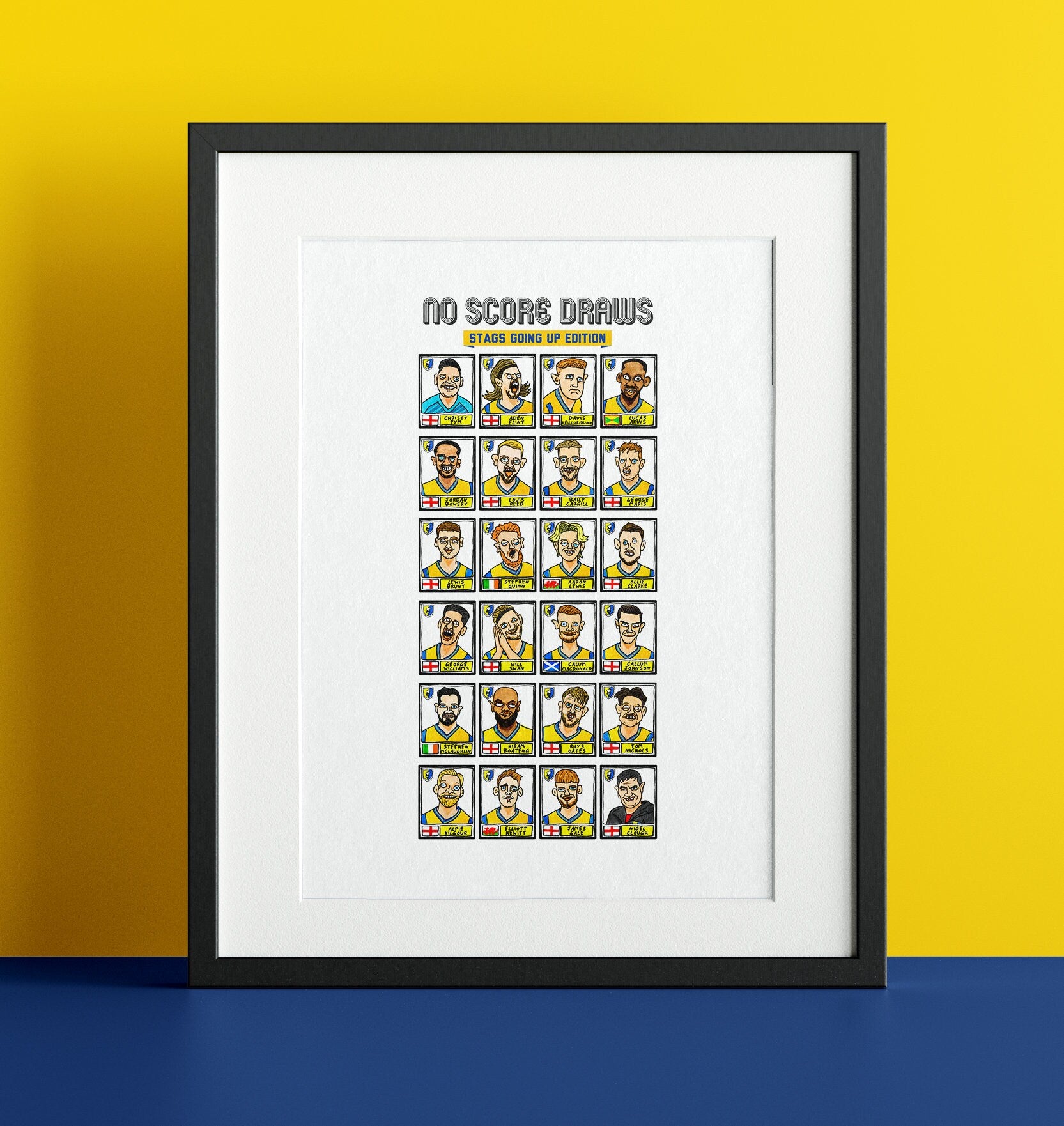 Mansfield Town - No Score Draws Stags Going Up Edition - A3 print of 24 hand-drawn Panini-style Doodles of MTFC's 23/24 Promotion Winners