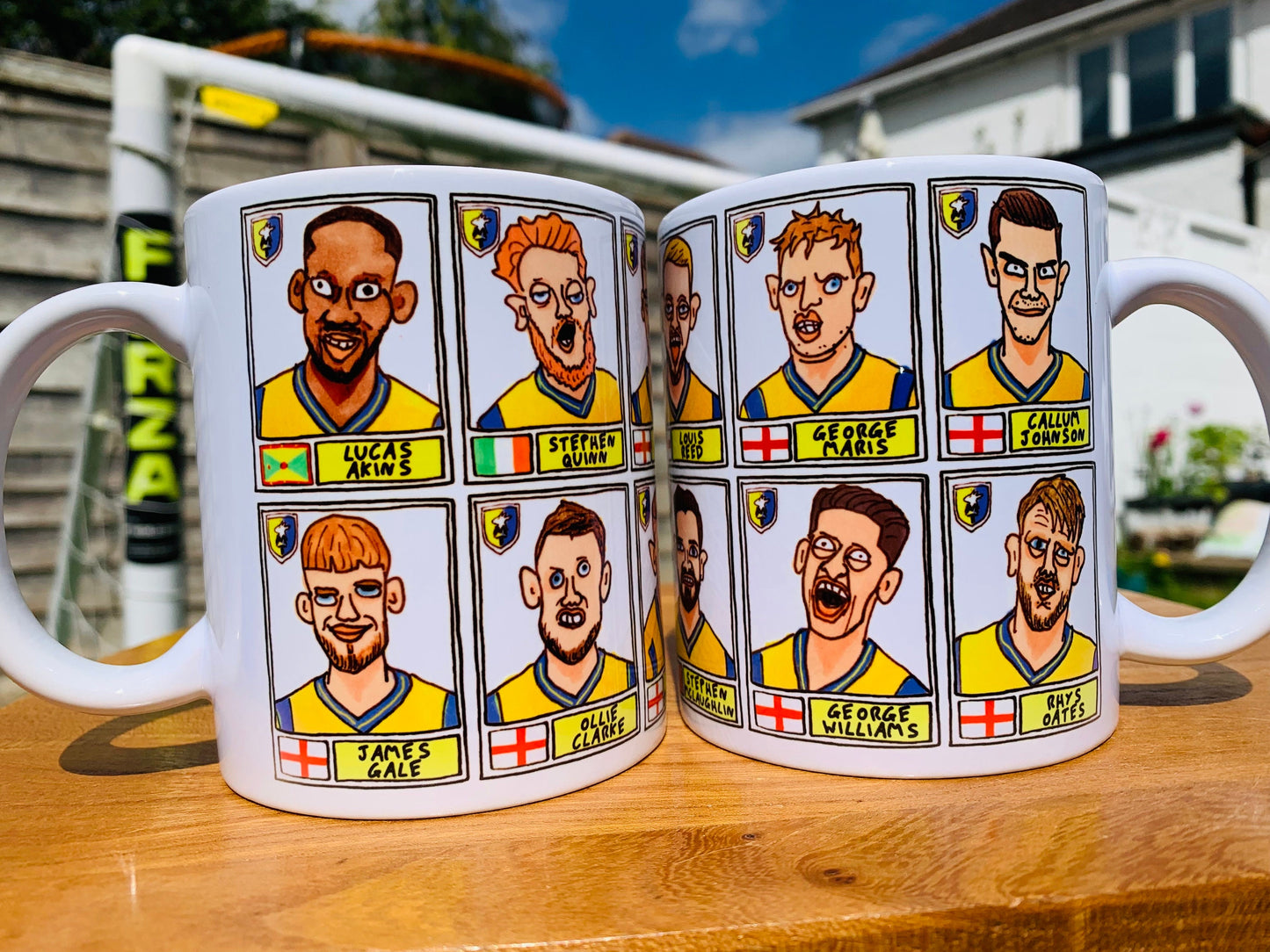 Mansfield Town No Score Draws Mug Set - Set of TWO DIFFERENT 11oz Ceramic Mugs with 24 Wonky Doodles of MTFC's 23/24 Promotion Winners