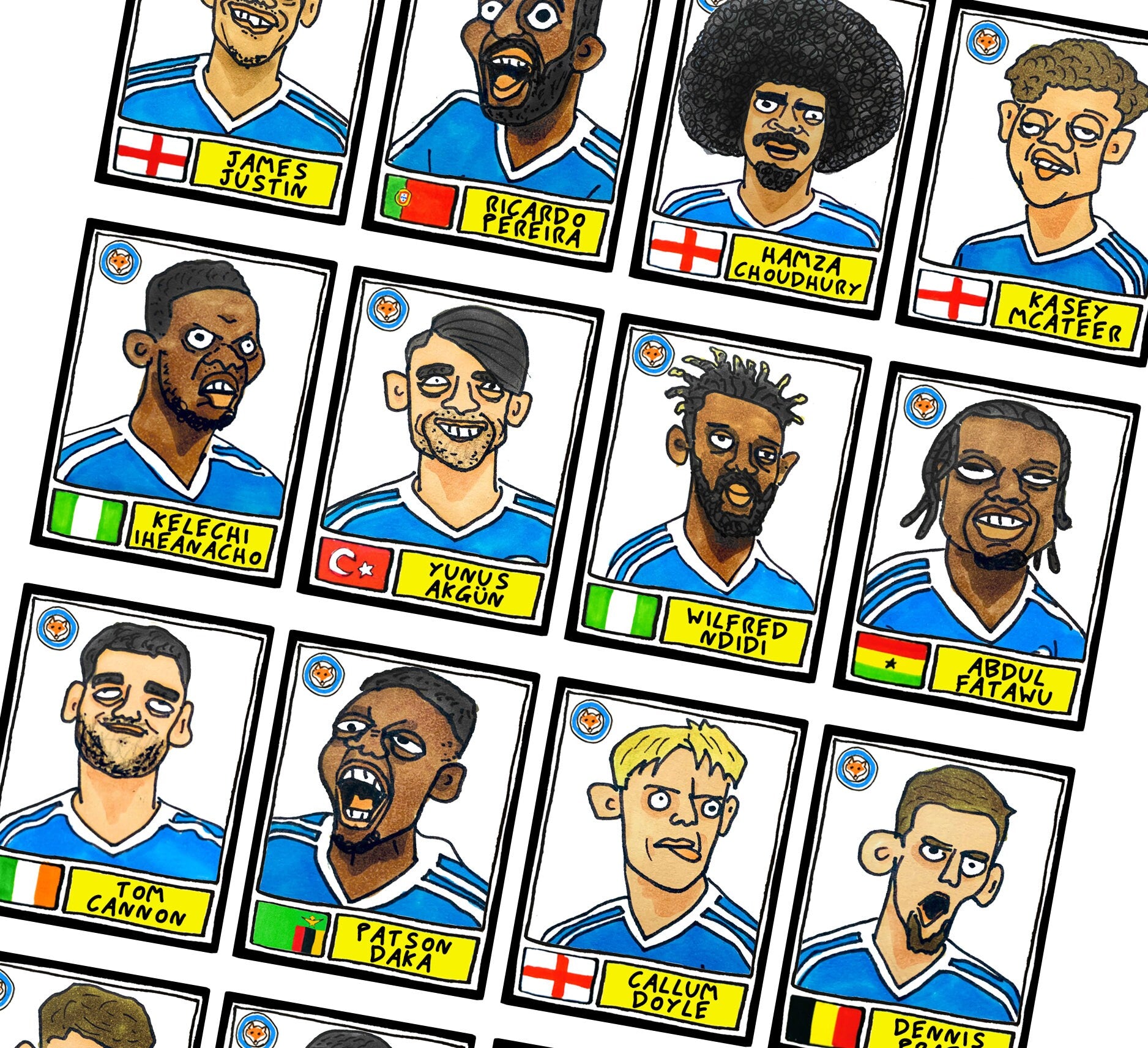 Leicester City Vol 3 - No Score Draws Foxes Going Up Edition - A3 print of 24 Wonky Panini-style Doodles Of LCFC's 23-24 Promotion Winners