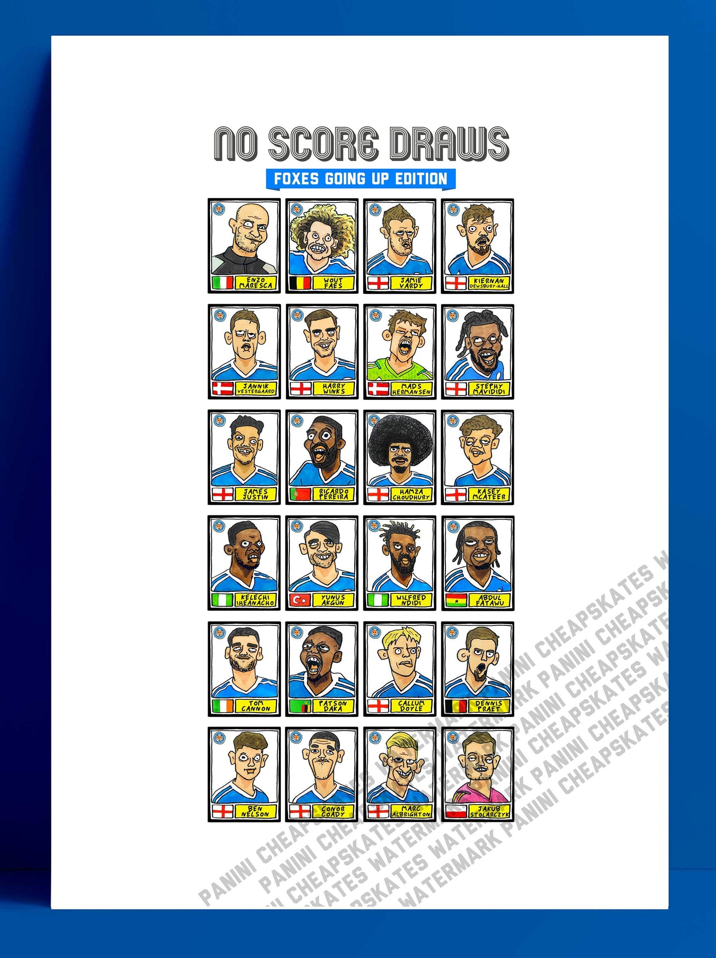 Leicester City Vol 3 - No Score Draws Foxes Going Up Edition - A3 print of 24 Wonky Panini-style Doodles Of LCFC's 23-24 Promotion Winners