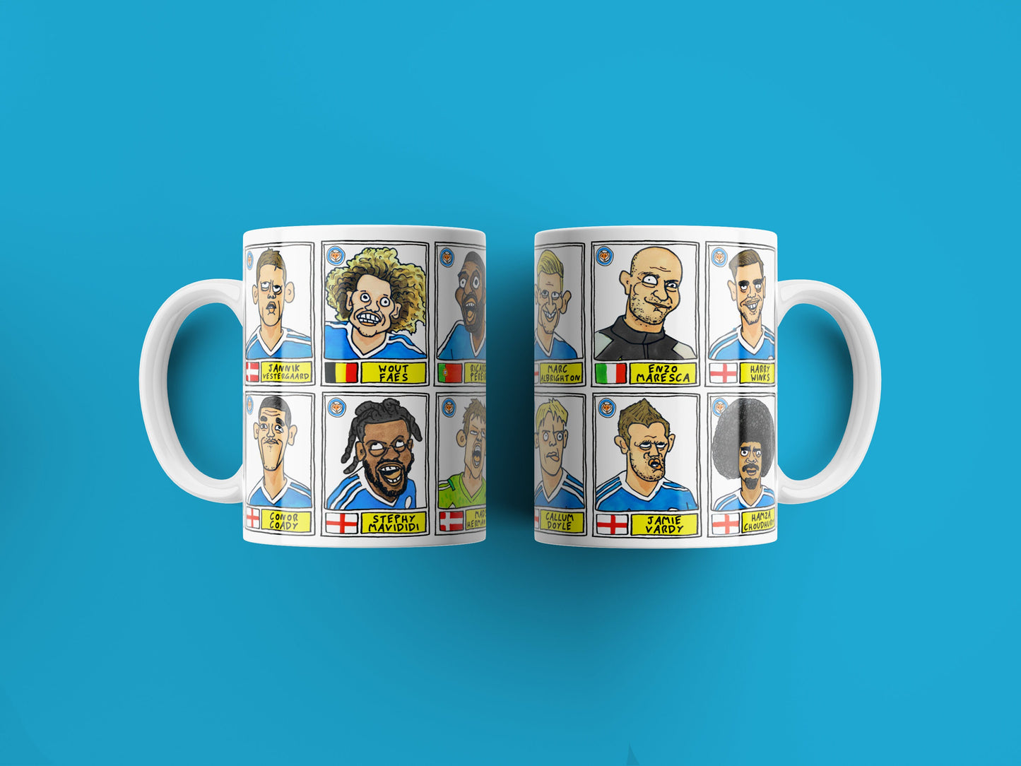 Leicester City Vol 3 No Score Draws Mug Set - Set of TWO DIFFERENT 11oz Ceramic Mugs with 24 Wonky Panini-style Doodles of LCFC's 23-24 Team