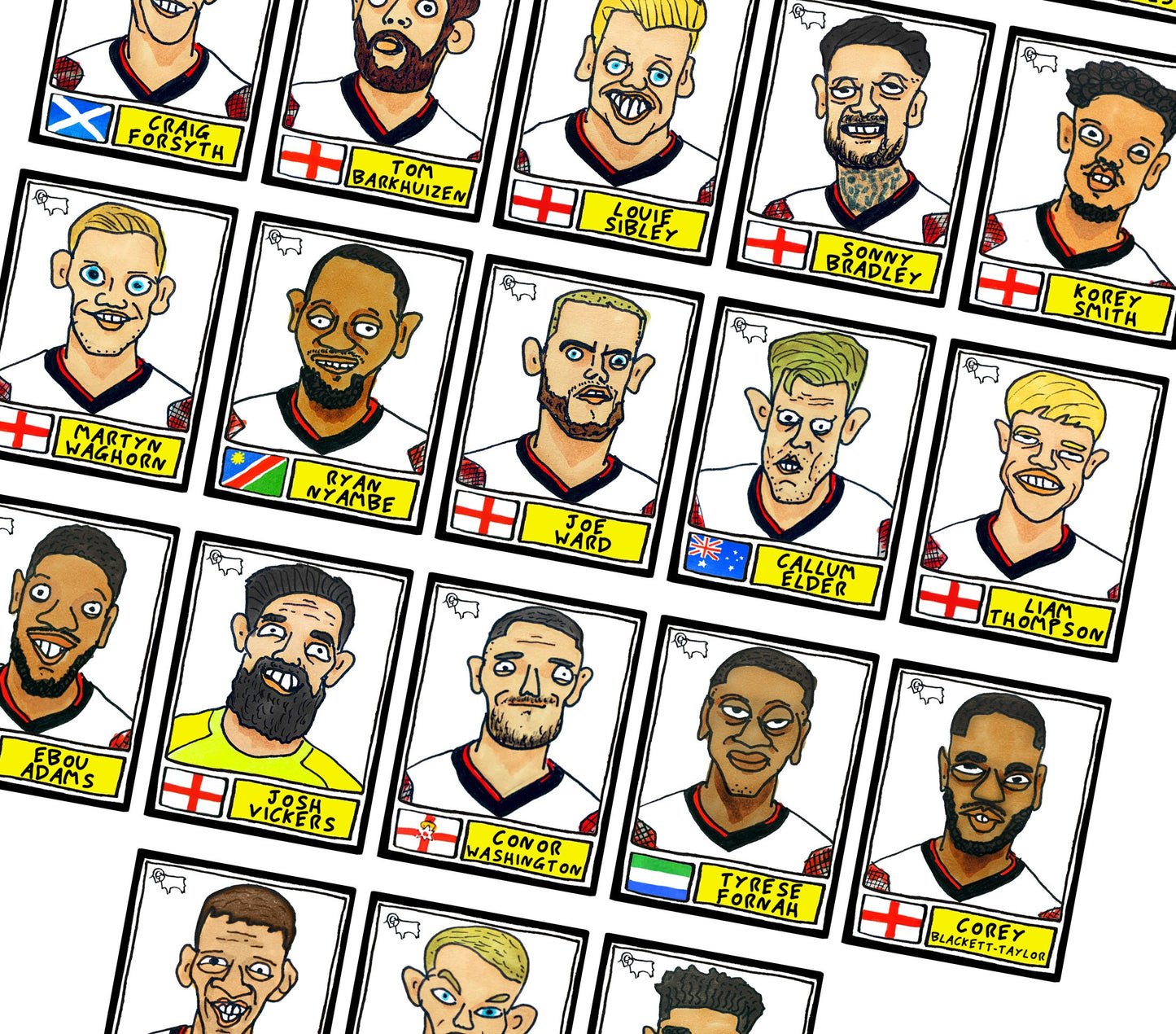 Derby County Vol 3 - No Score Draws Rams Going Up Edition - A3 print of 27 Wonky Panini-style Doodles Of DCFC's 23-24 Promotion Winners