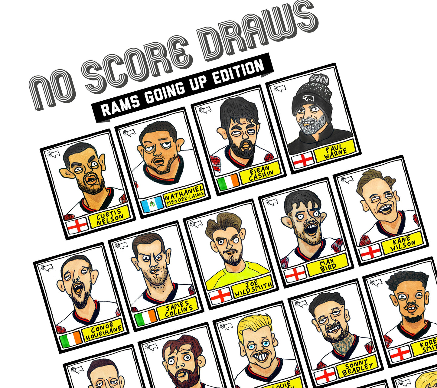 Derby County Vol 3 - No Score Draws Rams Going Up Edition - A3 print of 27 Wonky Panini-style Doodles Of DCFC's 23-24 Promotion Winners