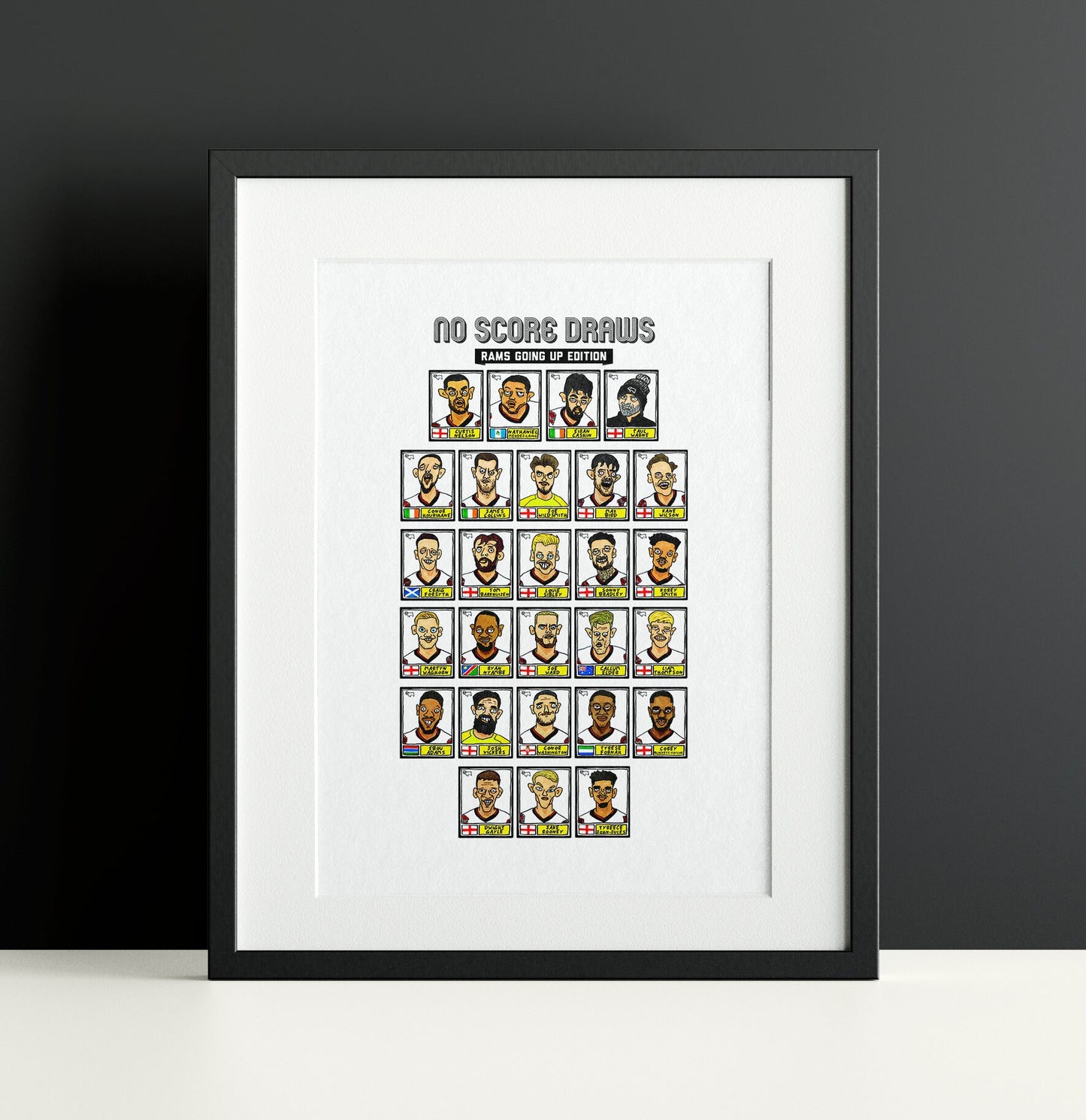 Derby County Vol 3 - No Score Draws Rams Going Up Edition - A3 print of 27 Wonky Panini-style Doodles Of DCFC's 23-24 Promotion Winners