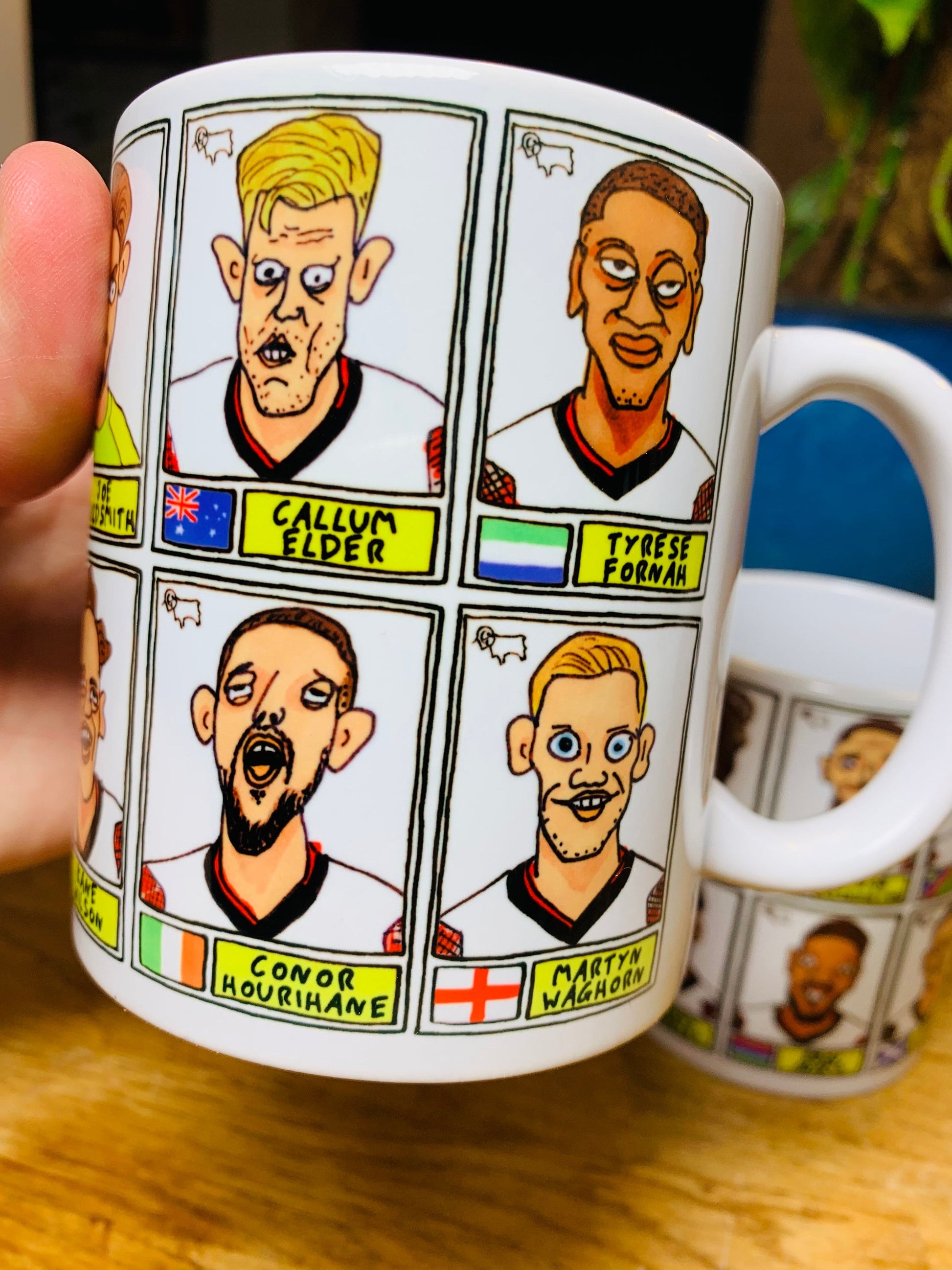 Derby County Vol 3 No Score Draws Mug Set - Set of TWO DIFFERENT 11oz Mugs with Wonky Panini-Doodles of DCFC's's 23/24 Promotion Winners