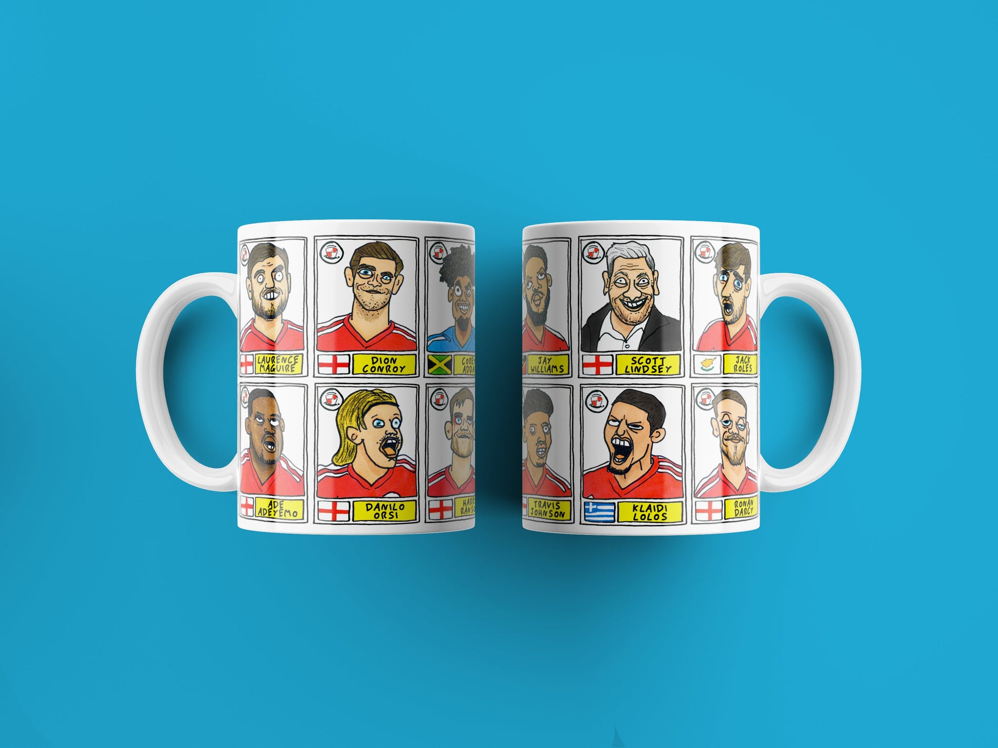 Crawley Town No Score Draws Mug Set - Set of TWO 11oz Mugs with Wonky Panini-style No Score Draws Doodles of CTFC's 23/24 Playoff-Winners