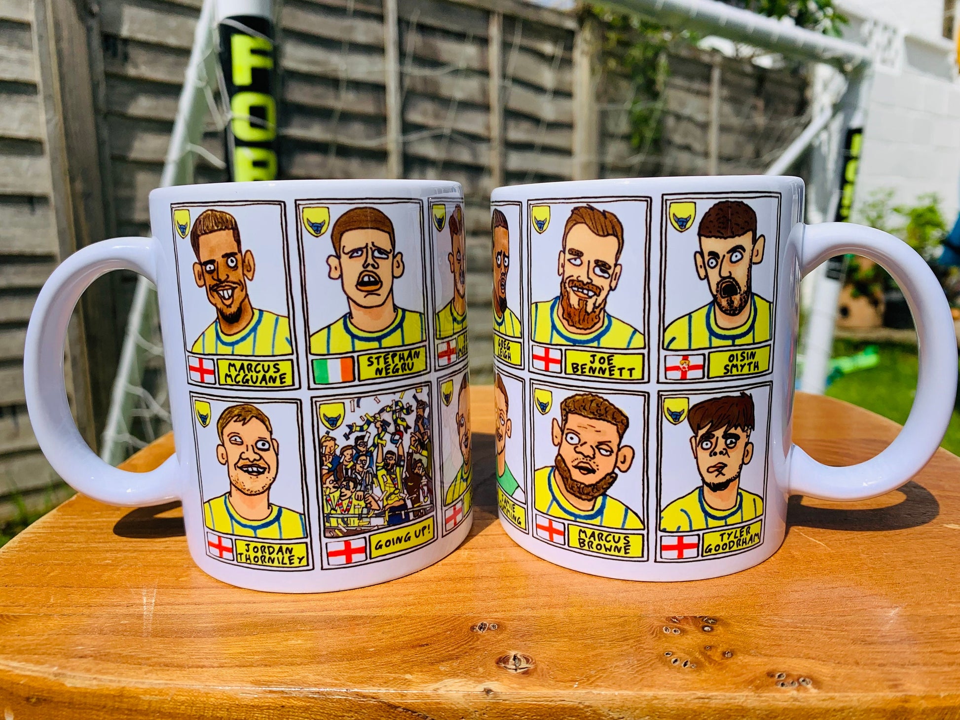 Oxford United Vol 2 No Score Draws Mug Set - Set of TWO DIFFERENT 11oz Mugs with Wonky Panini-style Doodles of OUFC's 23/24 Playoff-Winners