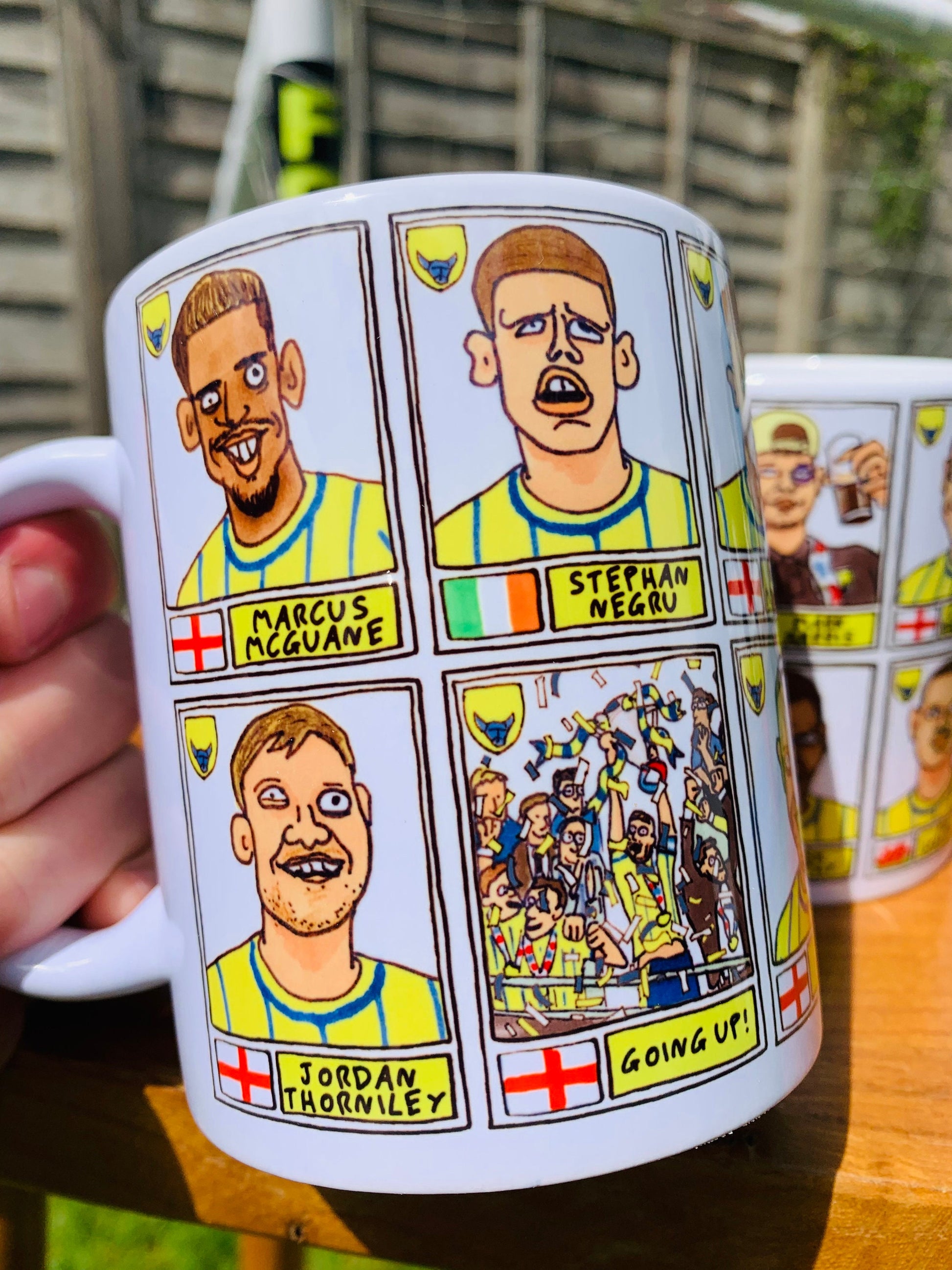 Oxford United Vol 2 No Score Draws Mug Set - Set of TWO DIFFERENT 11oz Mugs with Wonky Panini-style Doodles of OUFC's 23/24 Playoff-Winners