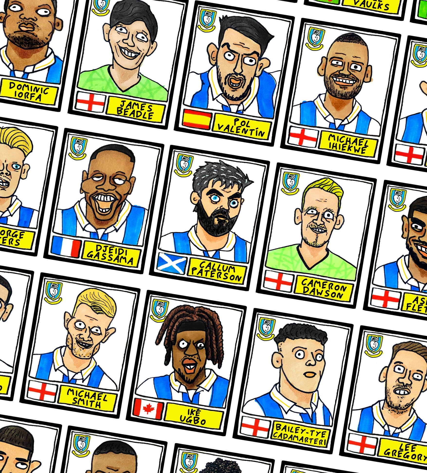 Sheffield Wednesday Vol 3 - No Score Draws Great Escape Edition - A3 print of 29 hand-drawn Wonky Panini-Doodles of Danny Rohl's 23/24 SWFC