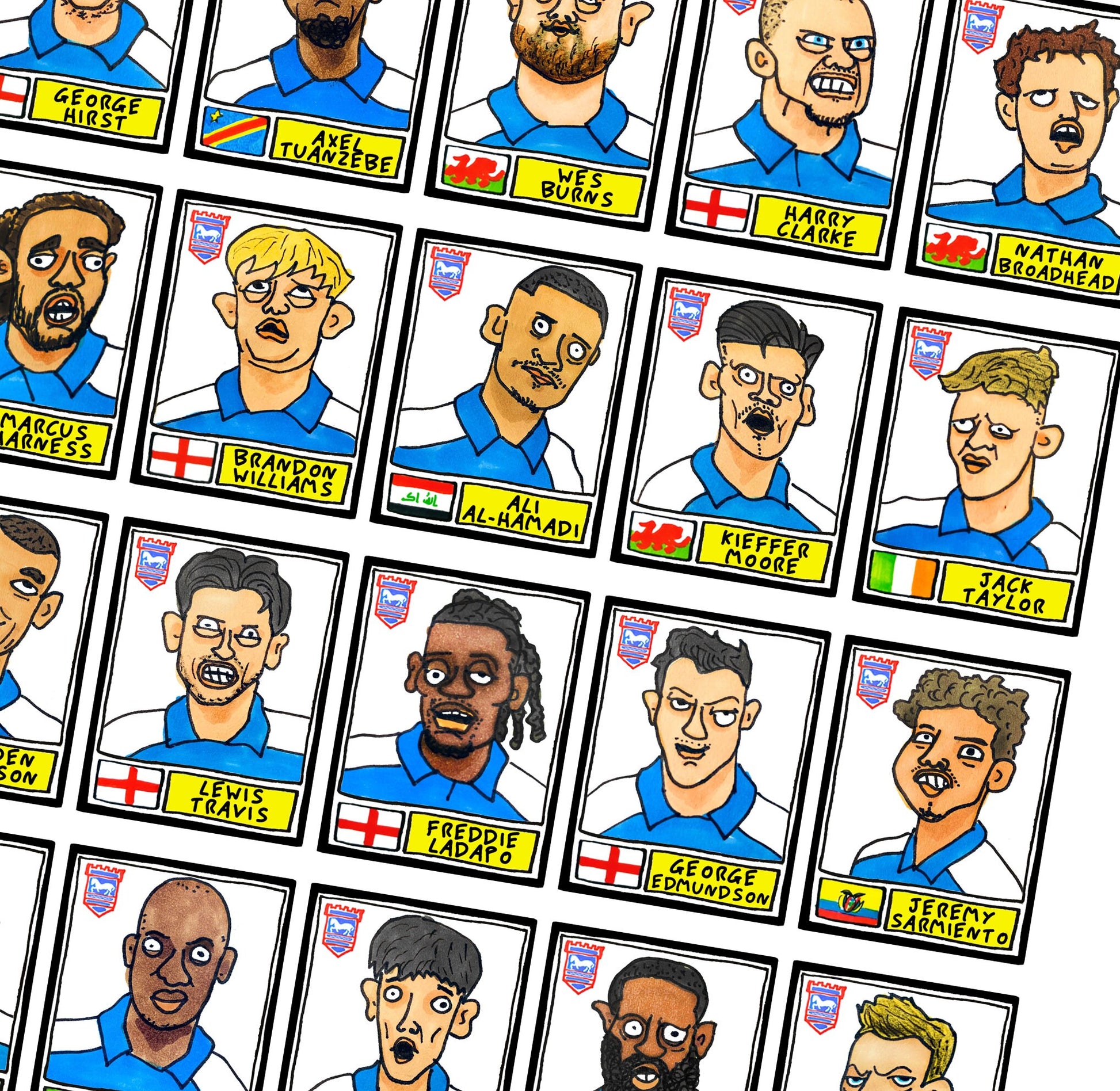 Ipswich Town Vol 3 - No Score Draws McKennaball Edition - A3 print of 29 Wonky Panini-style Doodles Of ITFC's Heroic 23-24 Promotion Winners