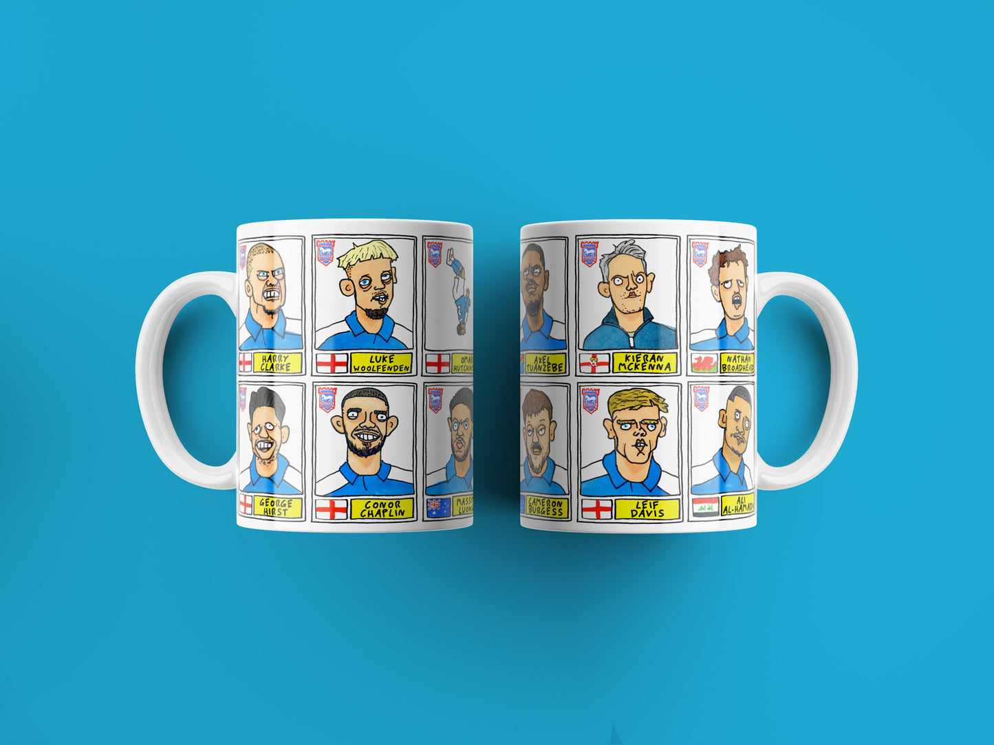 Ipswich Town Vol 3 No Score Draws Mug Set - Set of TWO DIFFERENT 11oz Ceramic Mugs with 24 Wonky Panini-style Doodles of ITFC's 23-24 Team