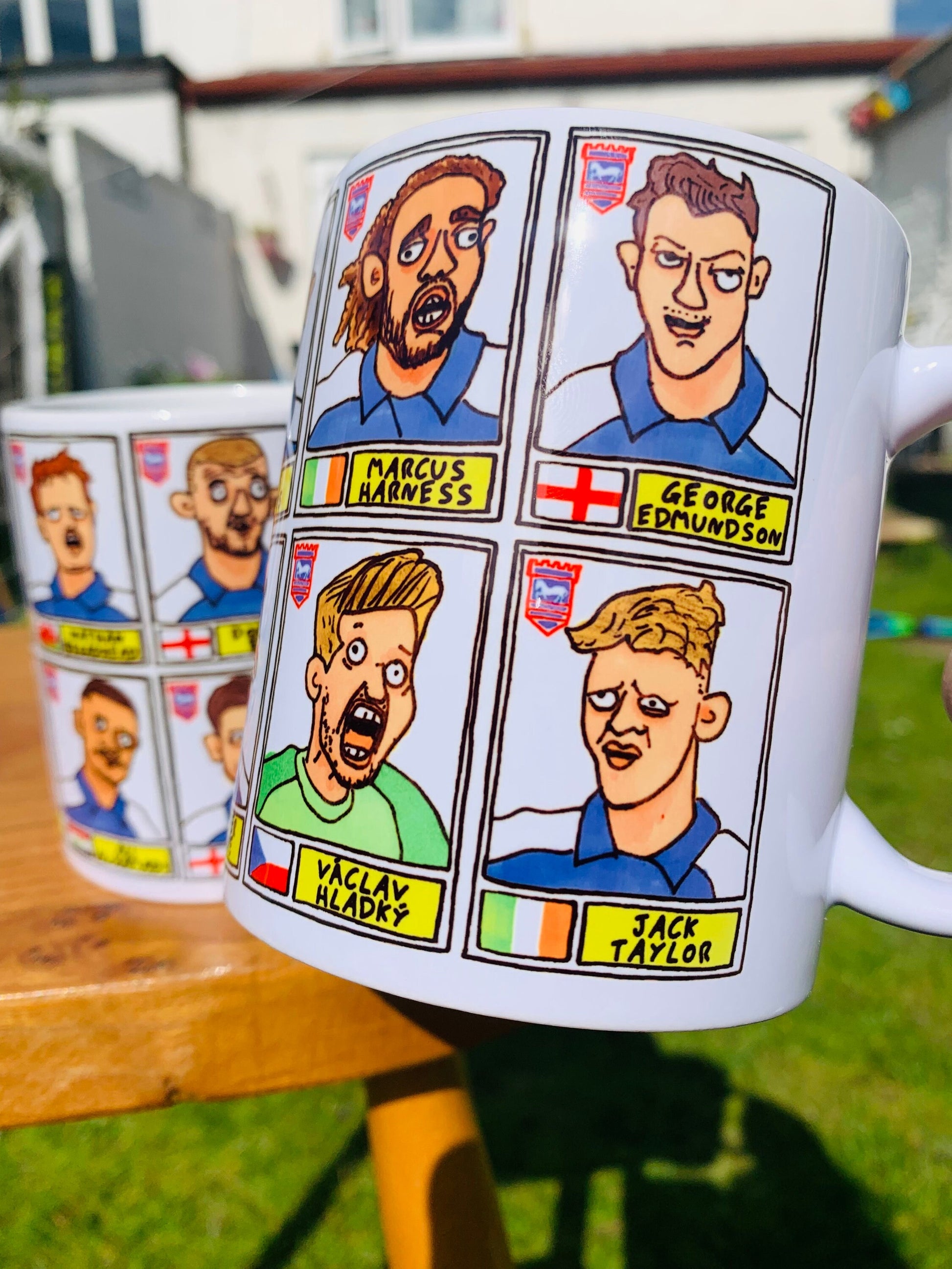 Ipswich Town Vol 3 No Score Draws Mug Set - Set of TWO DIFFERENT 11oz Ceramic Mugs with 24 Wonky Panini-style Doodles of ITFC's 23-24 Team