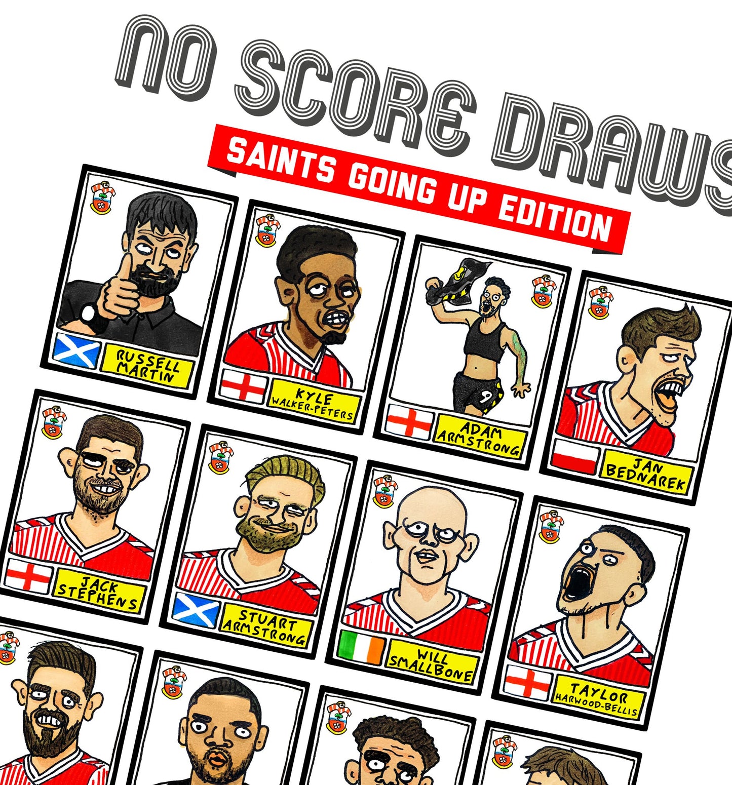 Southampton Vol 2 - No Score Draws Saints Going Up Edition - A3 print of 24 wonky hand-drawn Panini-doodles of Saint's 23/24 Playoff Winners